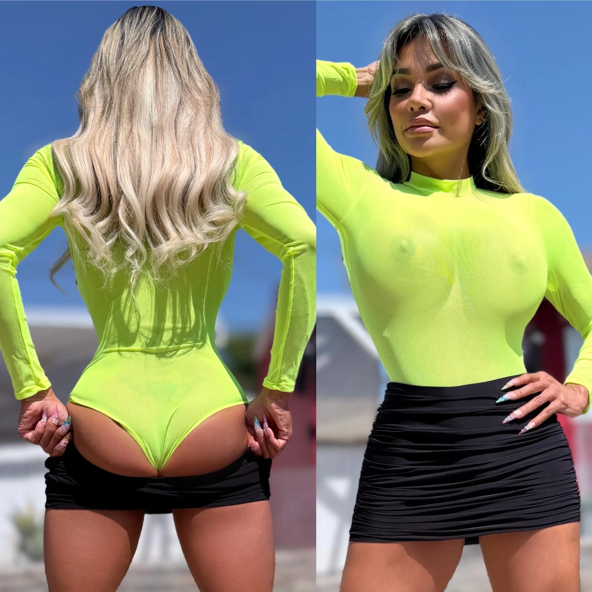 Connie's 2 Pack Set "SHEER LUXURY BODYSUIT" NEON PINK and YELLOW, SOFT SEMI SEE THRU, FULL STRETCH FIT, with a Button Neck and Snap Bottom Closure - Image 5