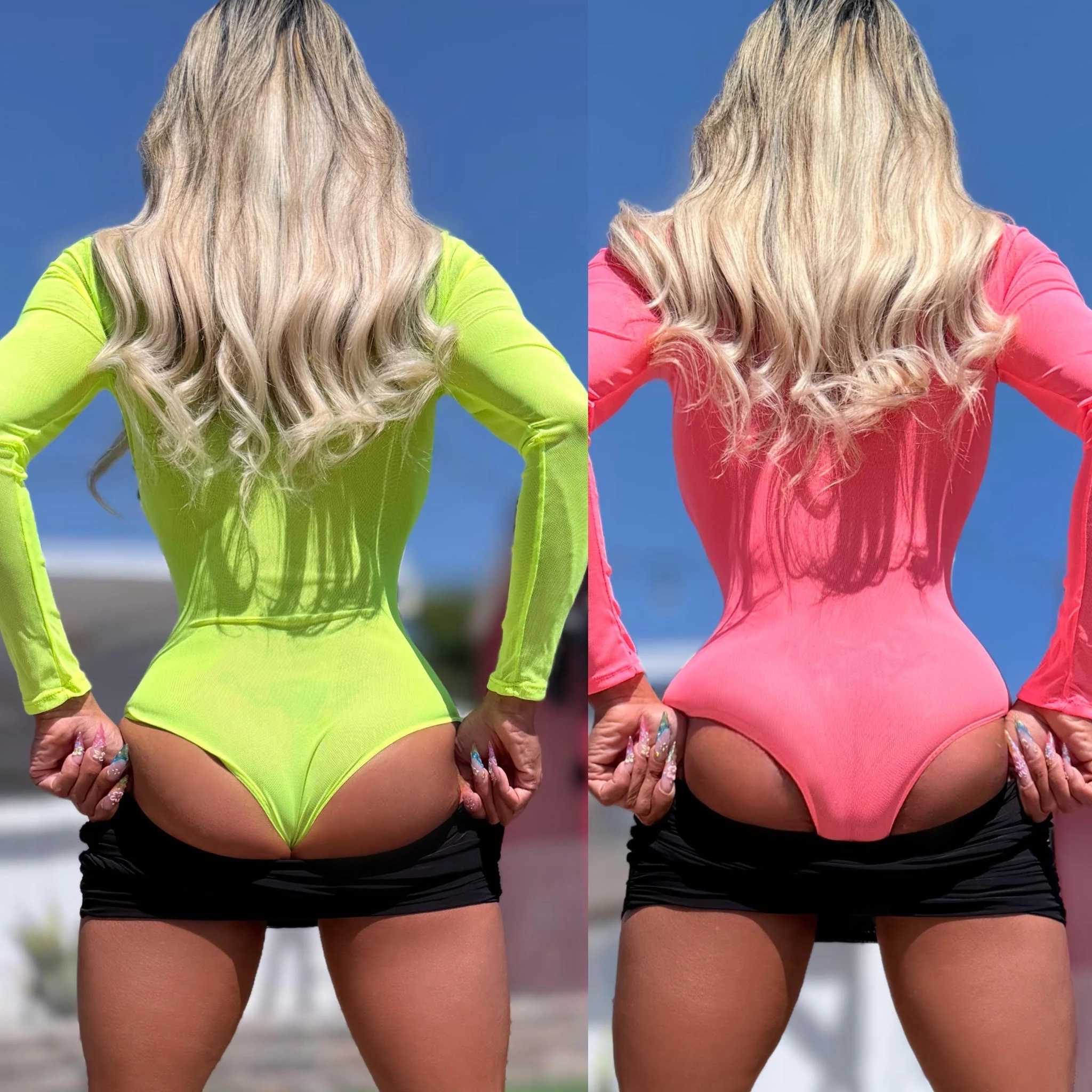 Connie's 2 Pack Set "SHEER LUXURY BODYSUIT" NEON PINK and YELLOW, SOFT SEMI SEE THRU, FULL STRETCH FIT, with a Button Neck and Snap Bottom Closure - Image 8