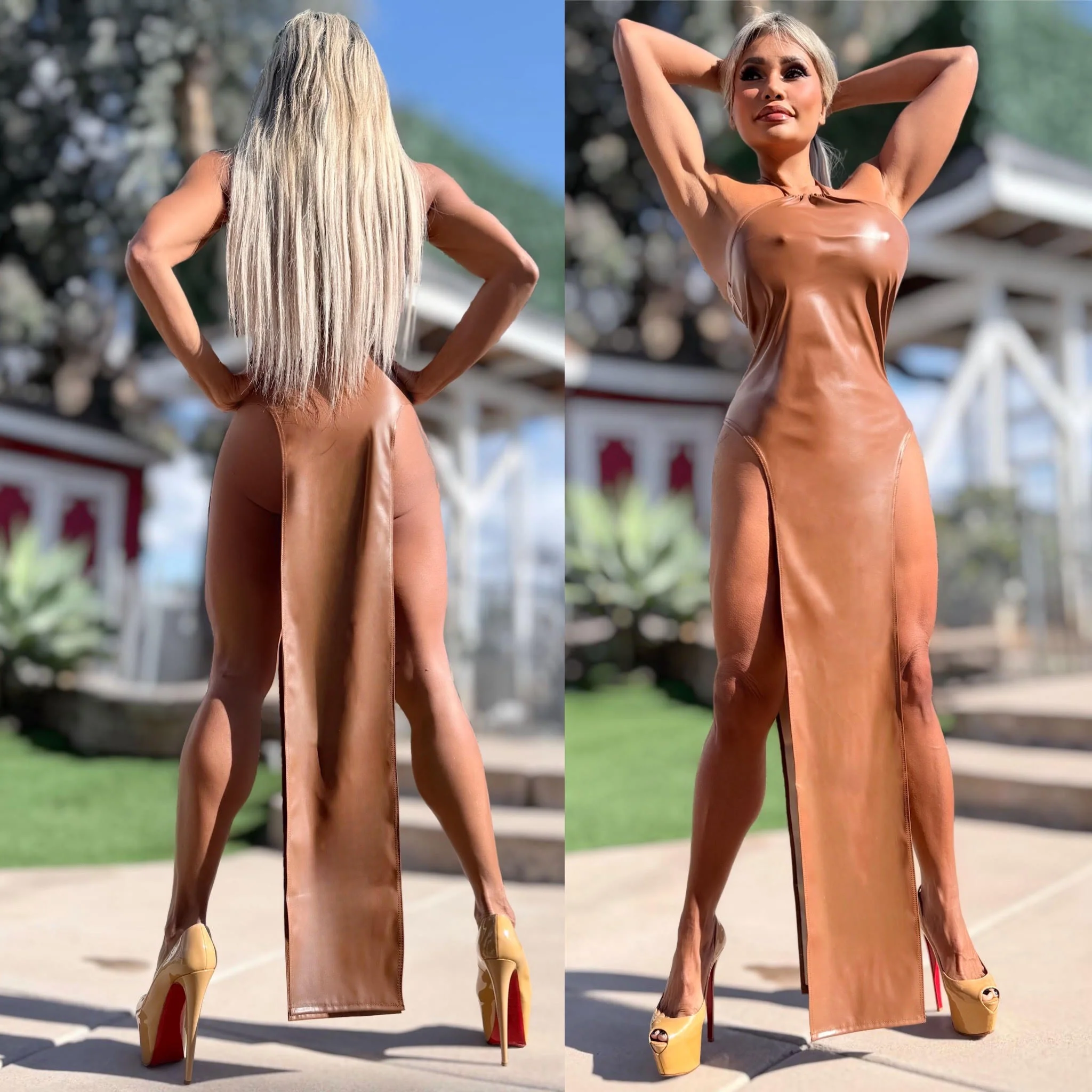 Connie's LIMITED EXCLUSIVE "DARING DOUBLE SPLIT MAXI" TAN Stretch X-Leather, EXTREME Double Thigh Split - Image 2