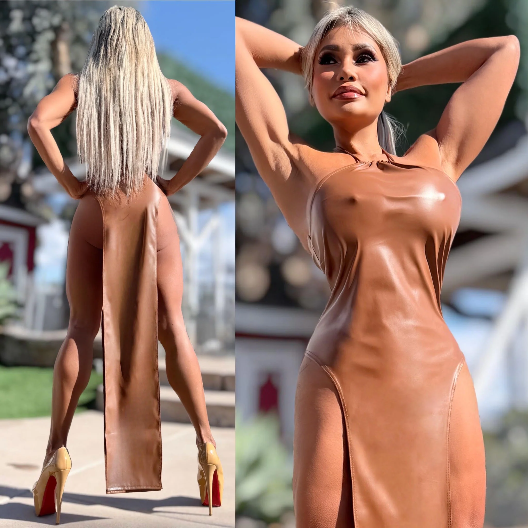 Connie's LIMITED EXCLUSIVE "DARING DOUBLE SPLIT MAXI" TAN Stretch X-Leather, EXTREME Double Thigh Split - Image 3