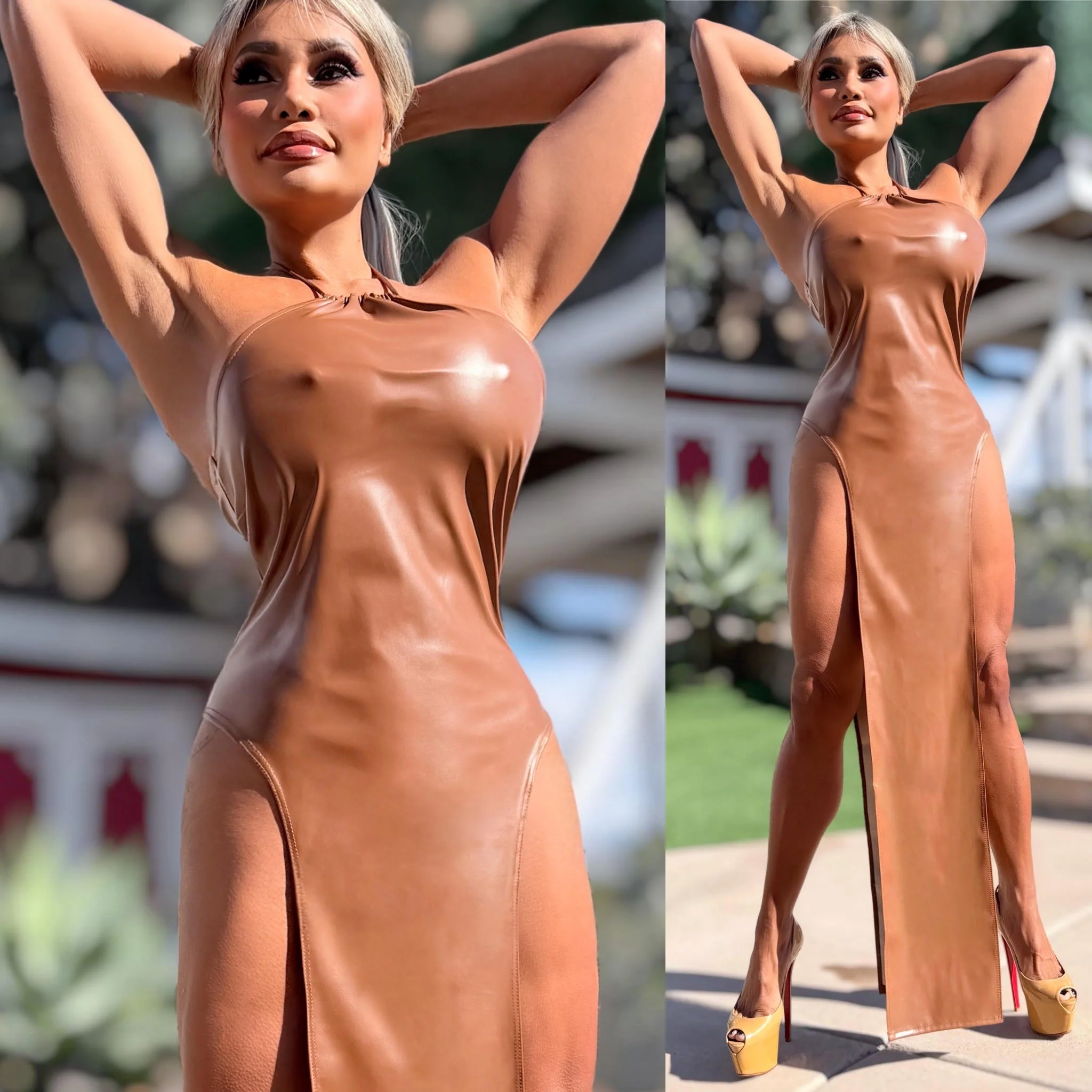 Connie's LIMITED EXCLUSIVE "DARING DOUBLE SPLIT MAXI" TAN Stretch X-Leather, EXTREME Double Thigh Split - Image 5