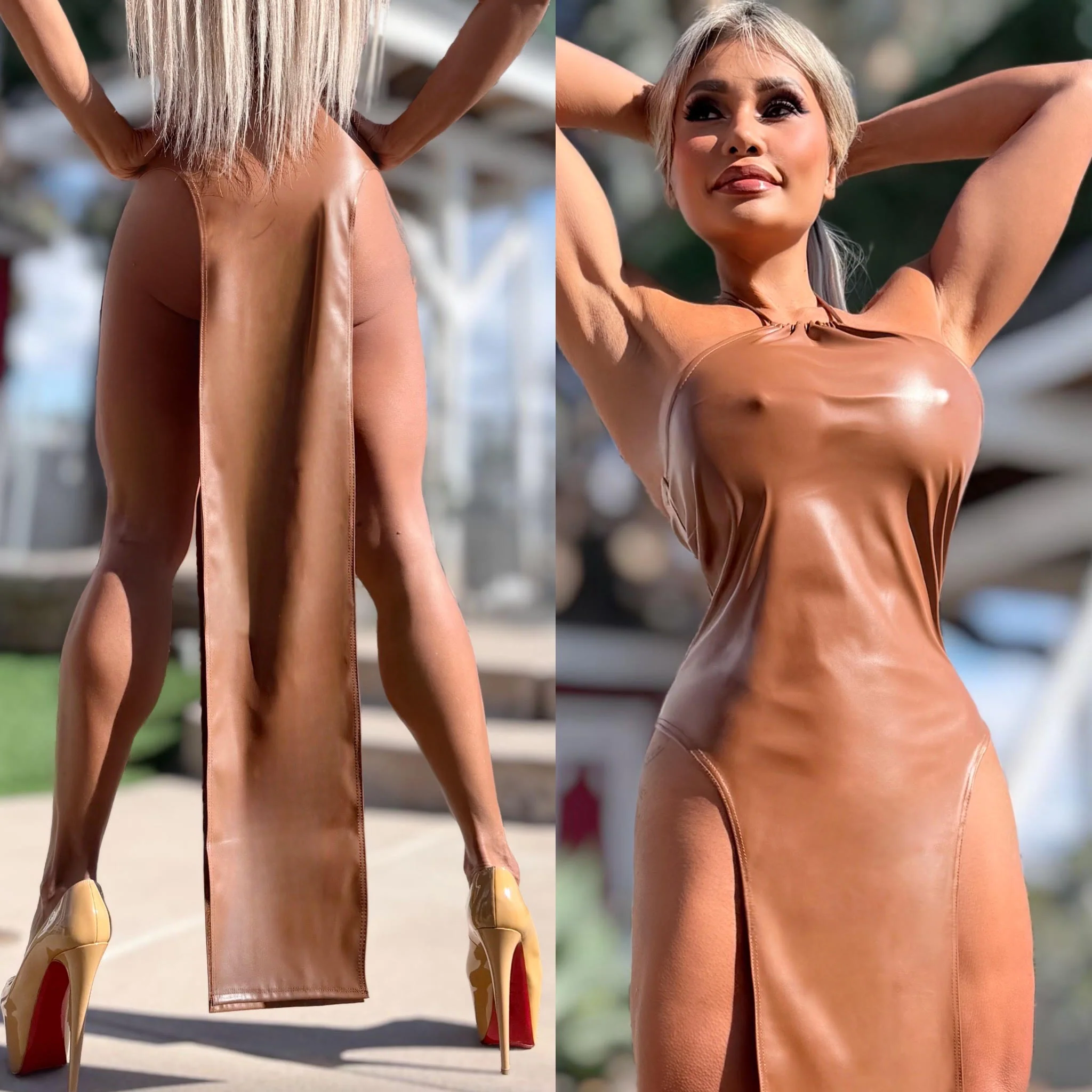 Connie's LIMITED EXCLUSIVE "DARING DOUBLE SPLIT MAXI" TAN Stretch X-Leather, EXTREME Double Thigh Split - Image 6