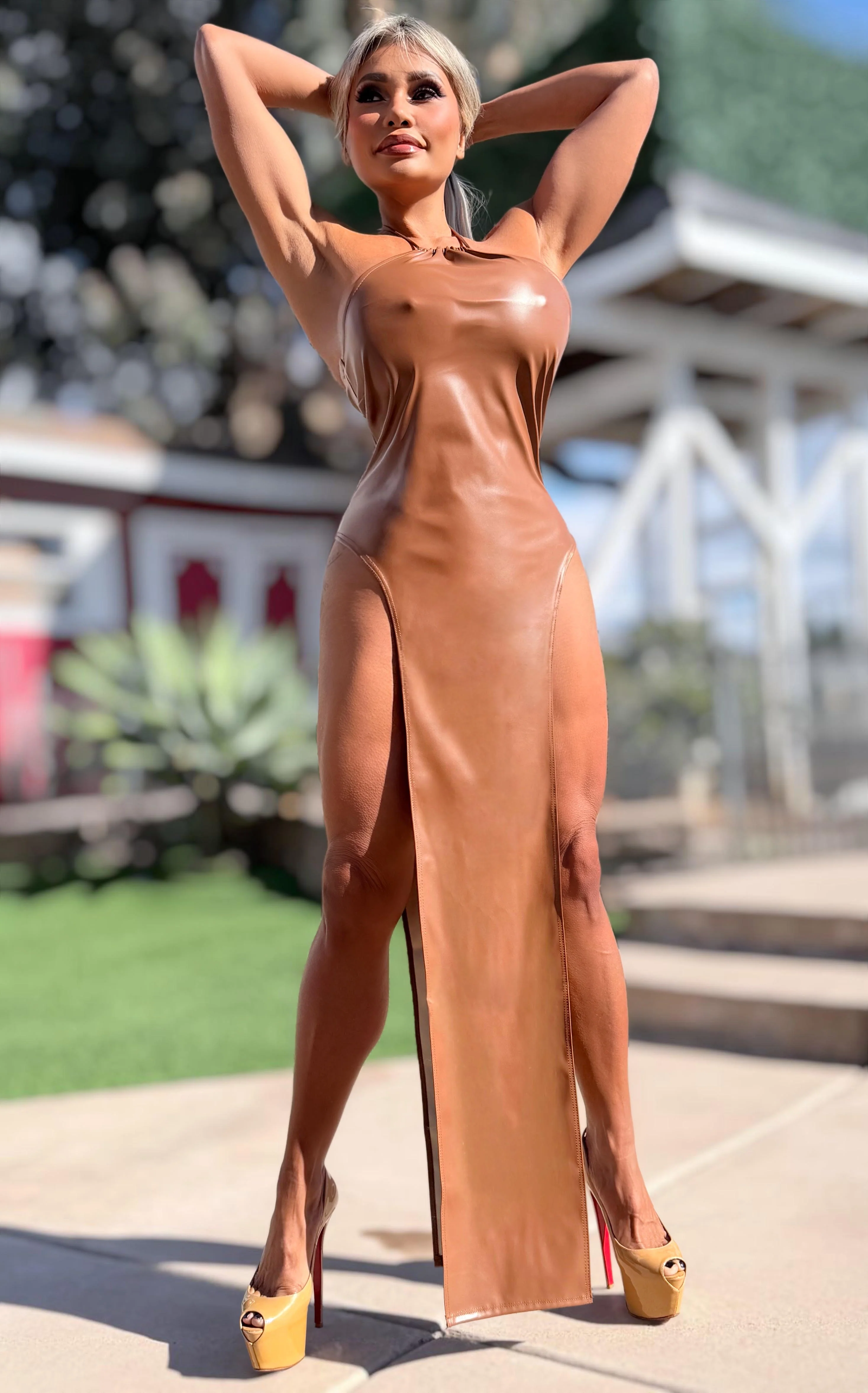 Connie's LIMITED EXCLUSIVE "DARING DOUBLE SPLIT MAXI" TAN Stretch X-Leather, EXTREME Double Thigh Split - Image 7