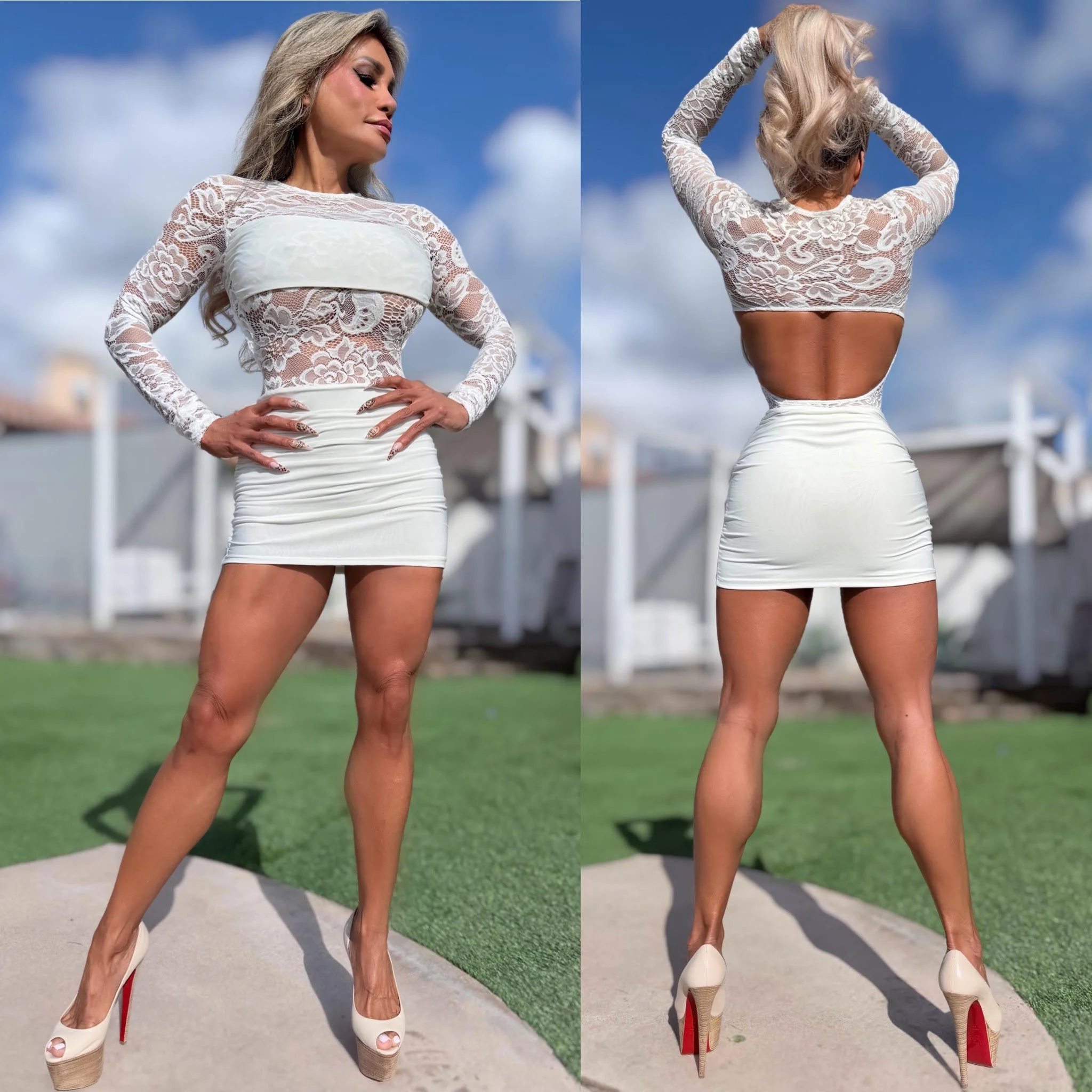 Connie's MADE in USA "SEE THRU OPEN BACK STRETCH LACE MINI" Ruched Lower and See thru Lace Upper - Image 2