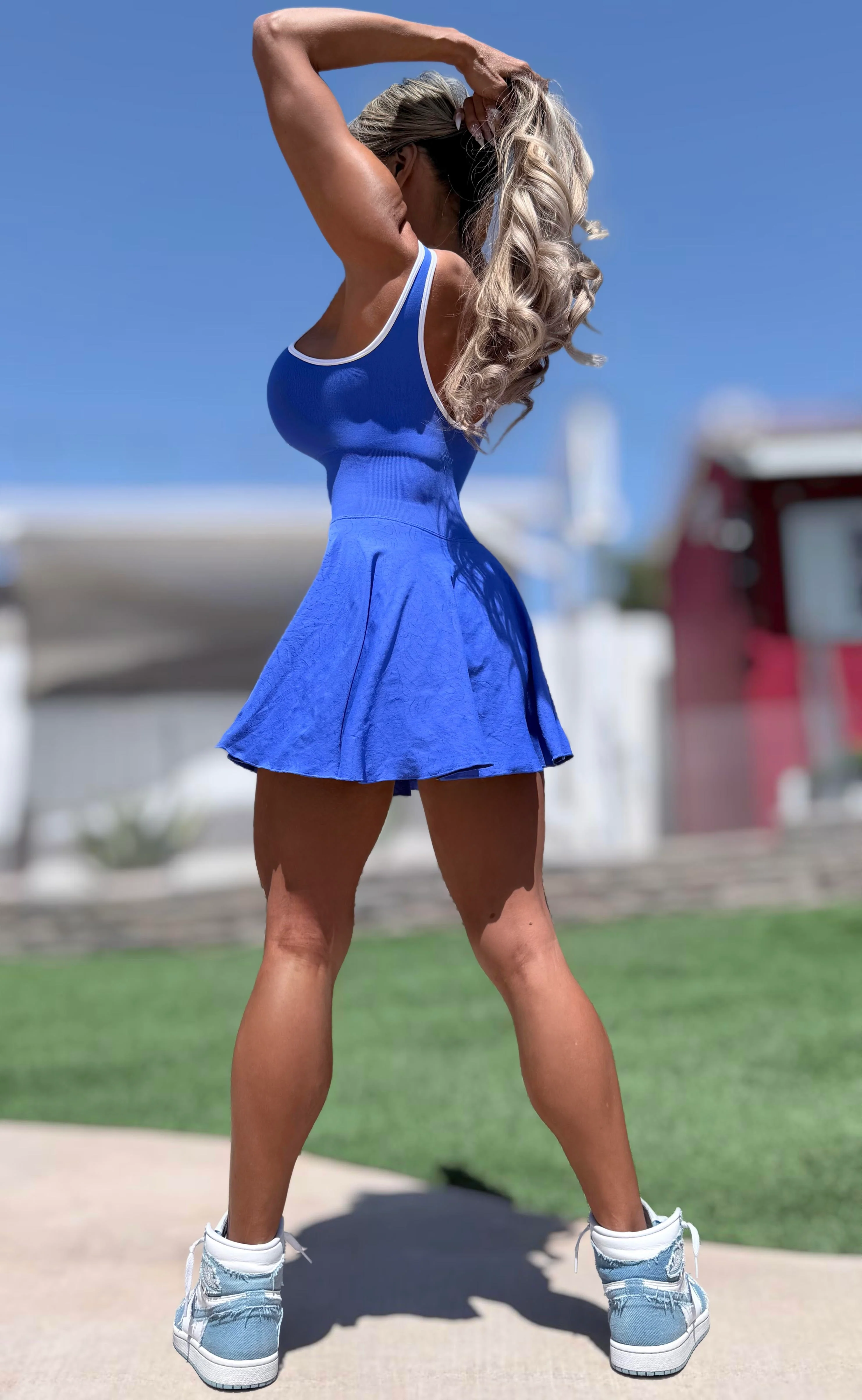 Connie's "Naughty 🎾 Tennis Pro TANK Mini Dress" ROYAL BLUE with WHITE PIPING, Built in Sport Bra and Shorts, SPANDEX Stretch Fit - Image 7