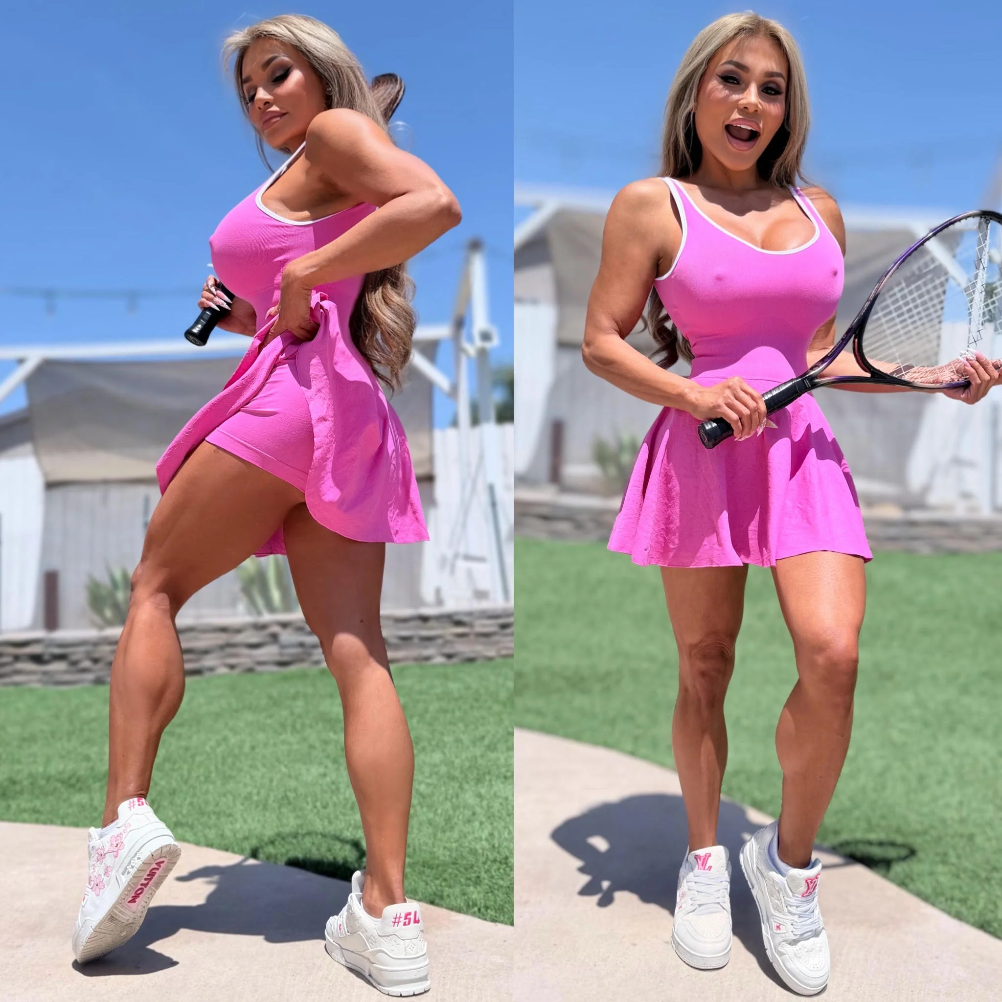 Connie's "Naughty 🎾 Tennis Pro TANK Mini Dress" PINK with WHITE PIPING, Built in Sport Bra and Shorts, SPANDEX Stretch Fit - Image 5