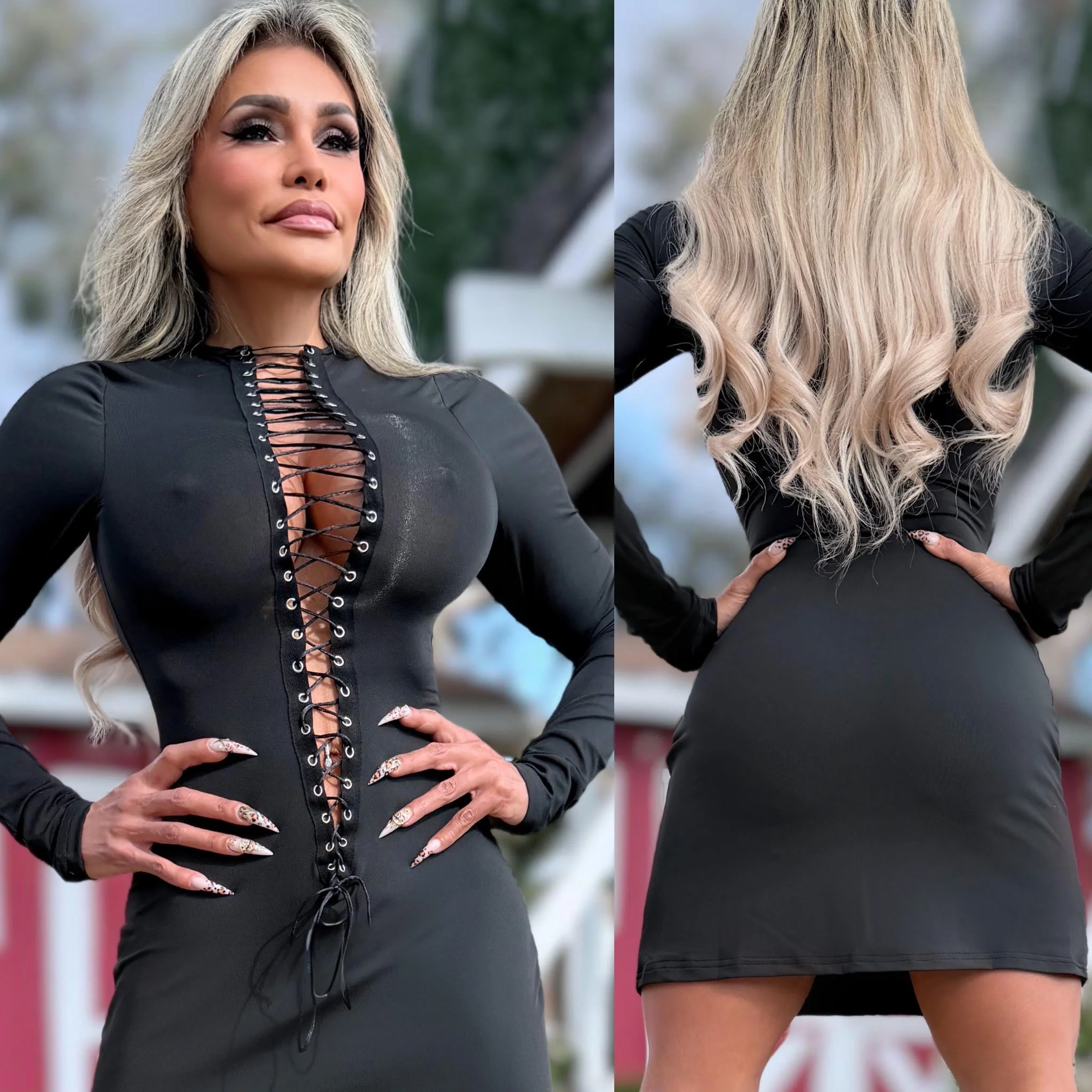 Connie's "OPEN LACE UP CHEST Mini" BLACK & BLACK Trim and adjustable Lace, FULL STRETCH FIT!!! - Image 2
