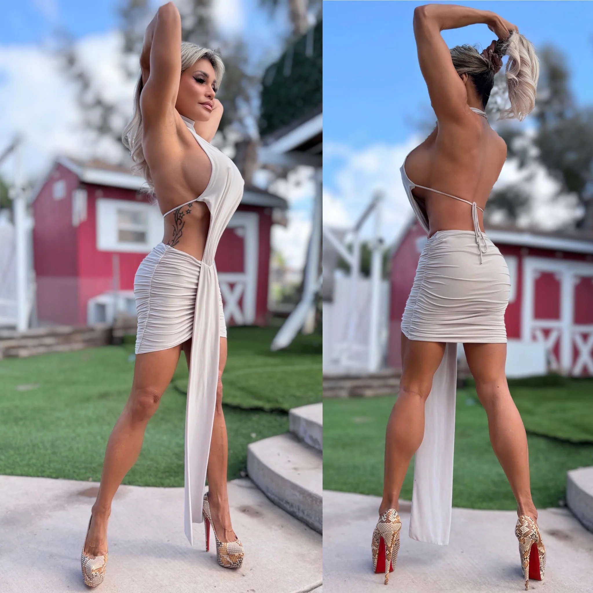 Connie's EXCLUSIVE "MODERN EGYPTION CLUB GIRL MINI" STONE SHEEN, Backless Side Chest Exposure, Back Tie, Button Neck, Made in the USA - Image 3