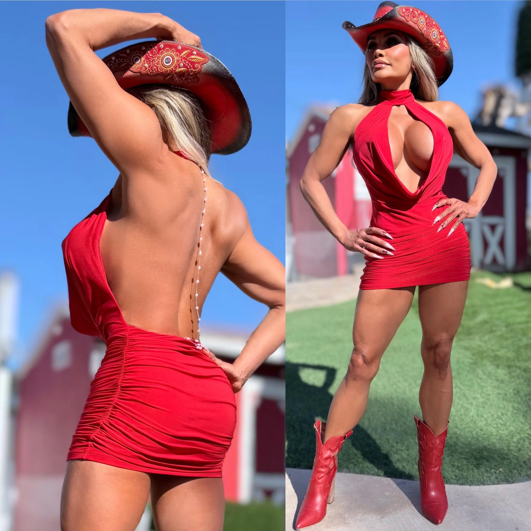 Connie's "PEARL CHAIN BACKLESS COWL PLUNGE Mini" EXTREME CHEST Exposure, RED SHEEN, Double Fabric ... Made in the USA - Image 6