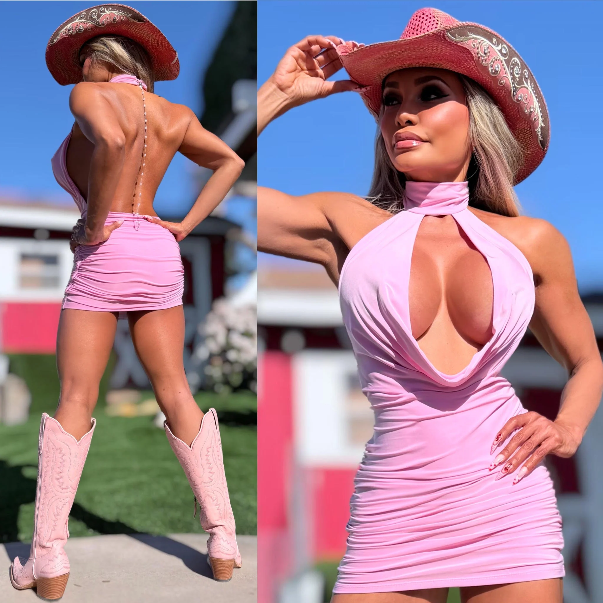 Connie's "PEARL CHAIN BACKLESS COWL PLUNGE Mini" EXTREME CHEST Exposure, PINK SHEEN, Double Fabric ... Made in the USA - Image 2