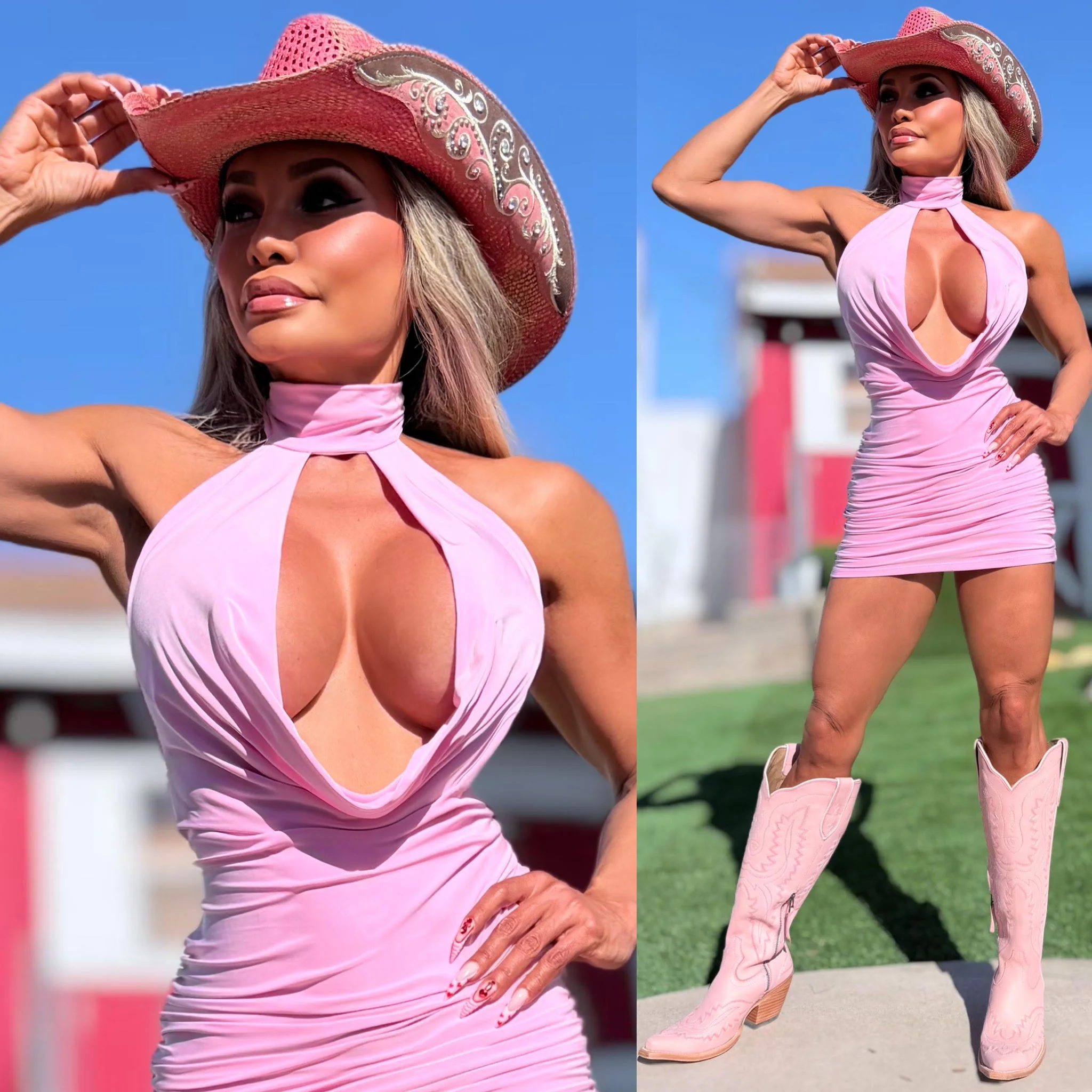 Connie's "PEARL CHAIN BACKLESS COWL PLUNGE Mini" EXTREME CHEST Exposure, PINK SHEEN, Double Fabric ... Made in the USA - Image 3