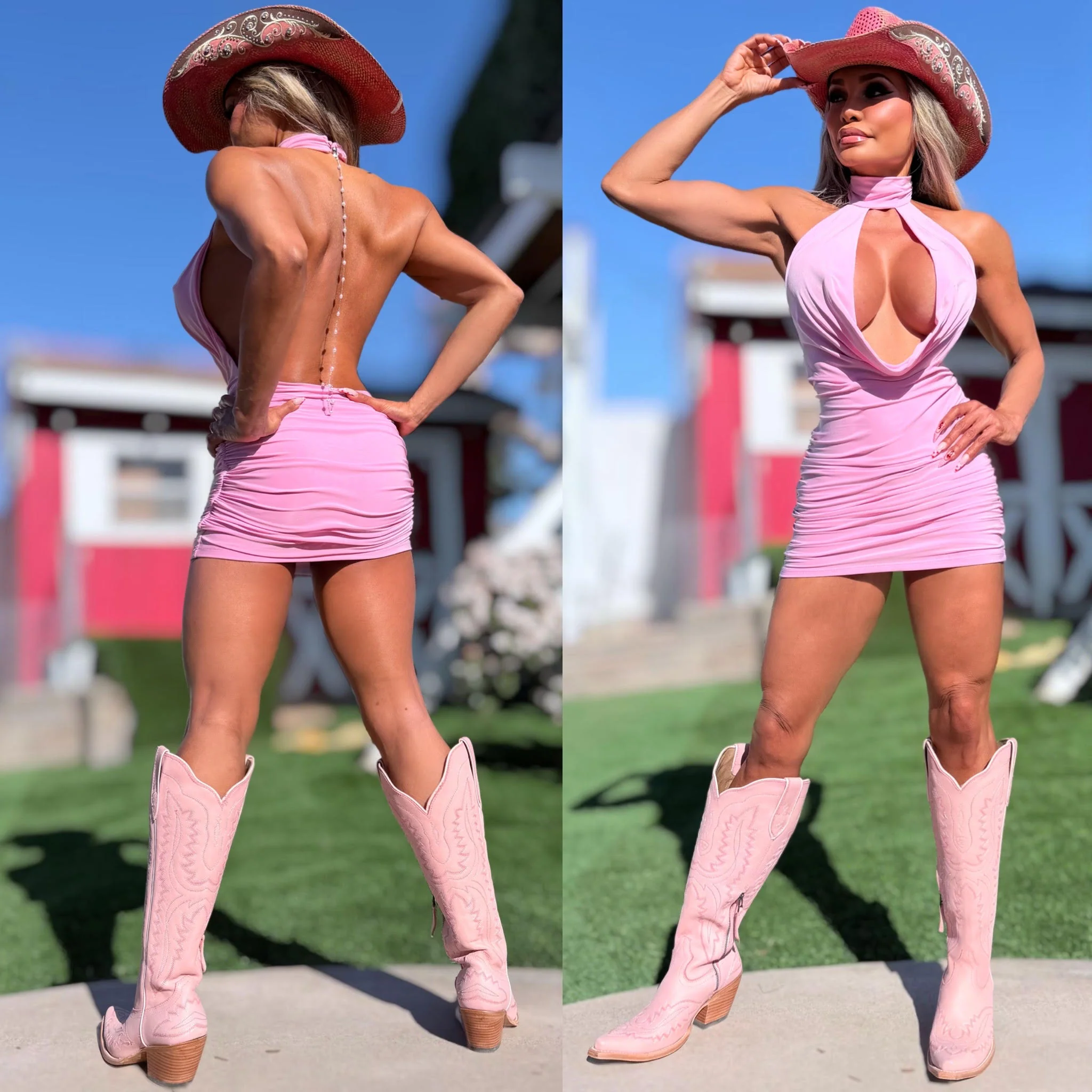 Connie's "PEARL CHAIN BACKLESS COWL PLUNGE Mini" EXTREME CHEST Exposure, PINK SHEEN, Double Fabric ... Made in the USA - Image 5