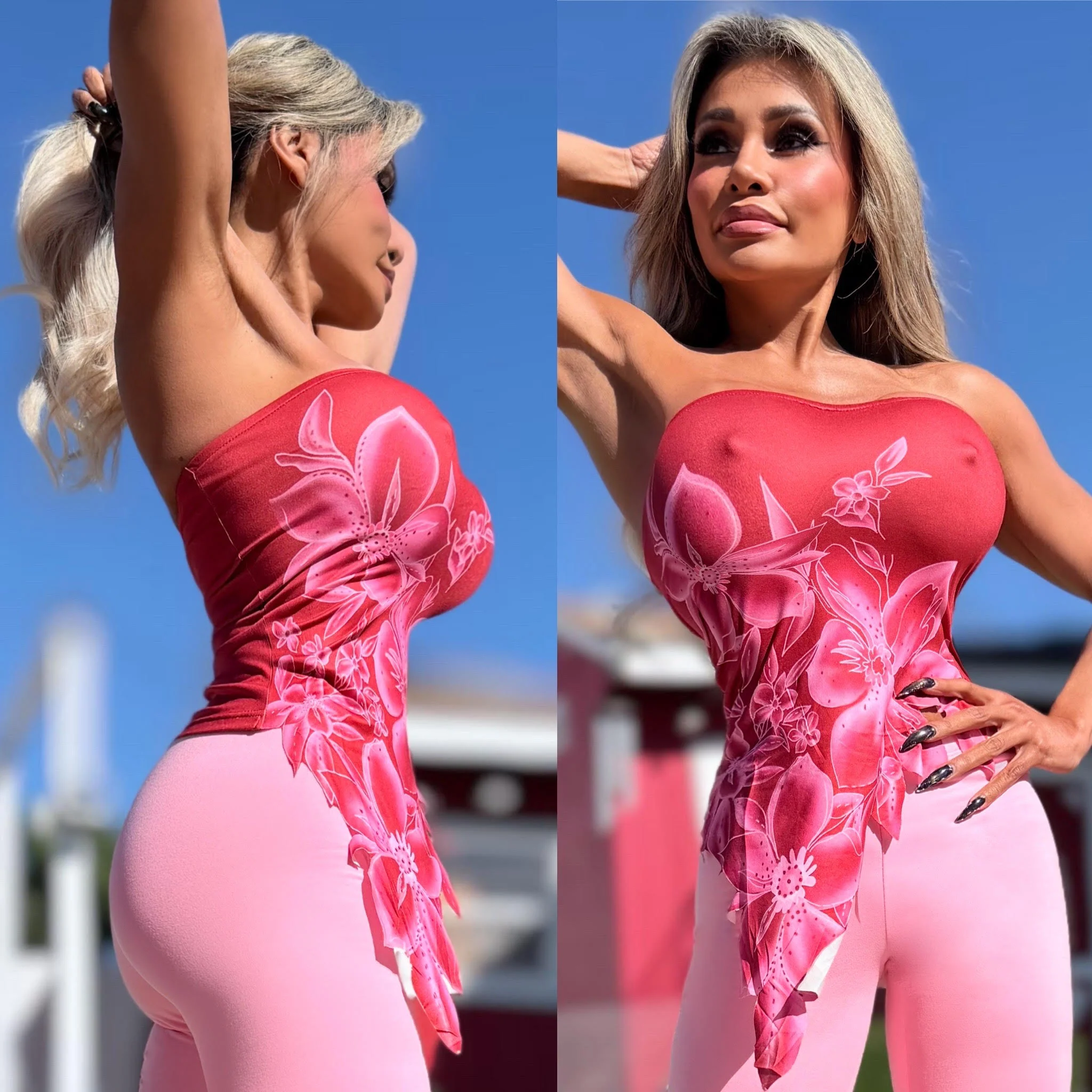 Connie's LIMITED ITEM!!! "ISLAND FLOWERS RED & PINK Top" Asymmetrical, Unlined with Tons of Stretch - Image 4