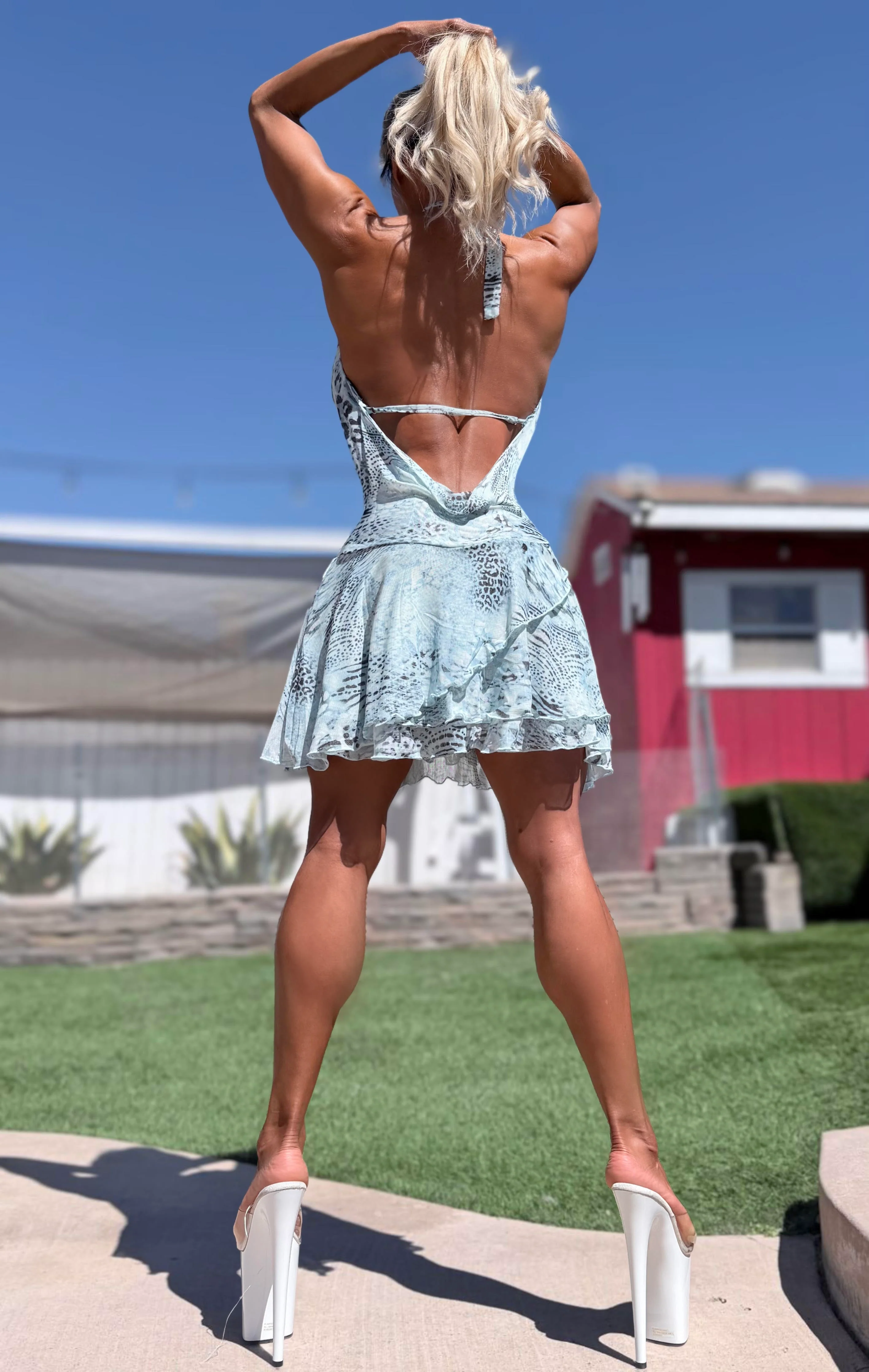 Connie's "SWEET BOHO RICH MESH MINI" BLUE LEOPARD PRINT Double Layer Front, DEEP PLUNGE Chest Adjustable Back and Halter tie - Image 8