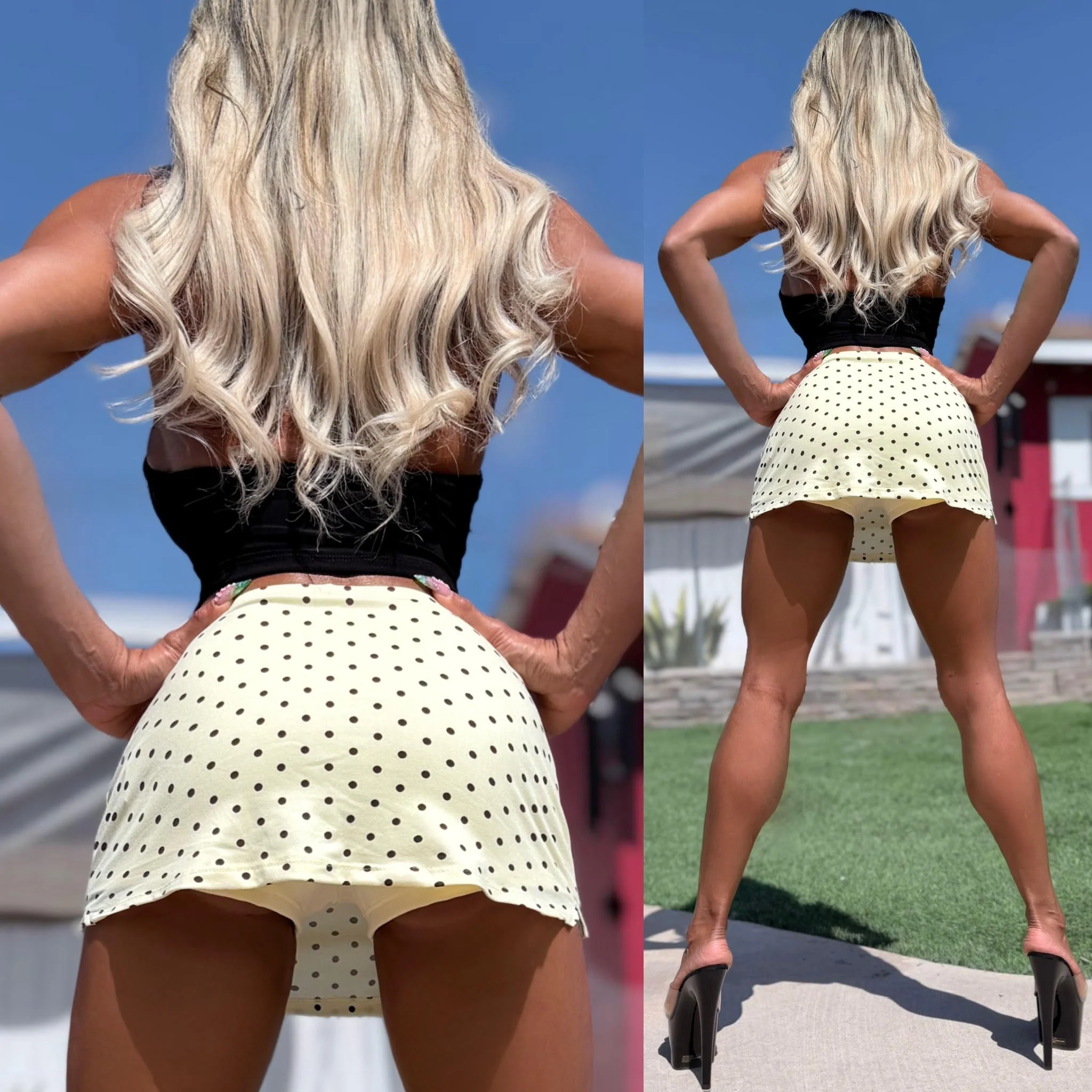 Connie's "TINY Yellow POLKA DOT Mini Skirt with Built in BOOTY shorts" TINY MINI SKIRT WITH BUILT IN BOOTY SHORTS, Made in USA - Image 2