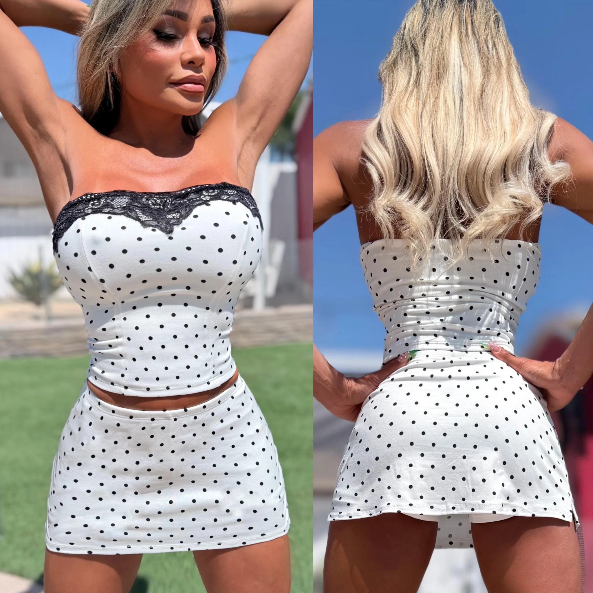 Connie's "WHITE POLKA DOT & BLACK LACE TOP" WHITE with Black Lace ACCENT Top,  Made in USA - Image 2
