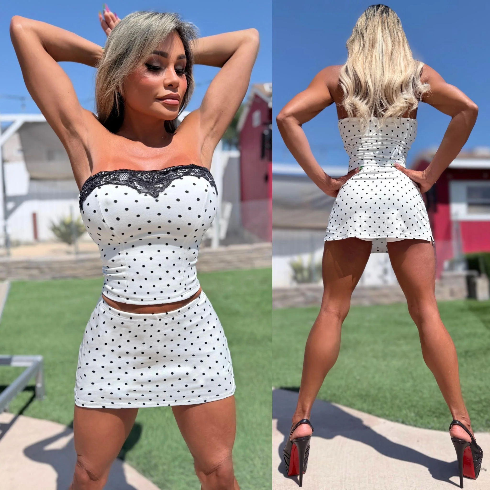 Connie's "WHITE POLKA DOT & BLACK LACE TOP" WHITE with Black Lace ACCENT Top,  Made in USA - Image 4