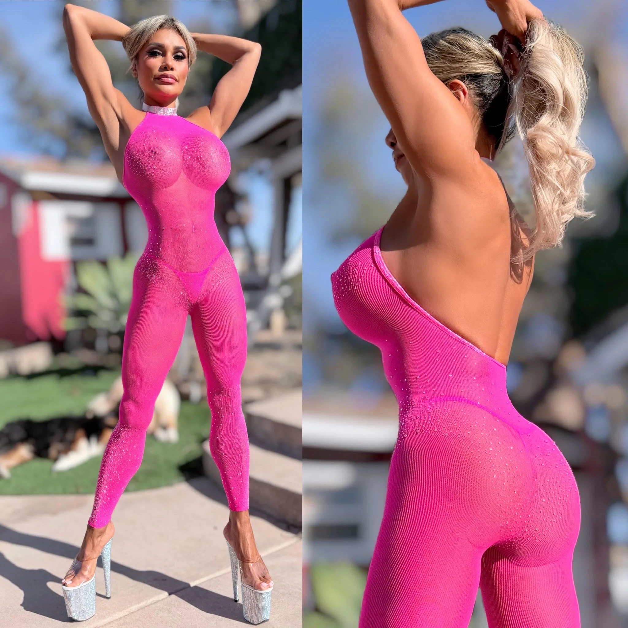 Connie's  "RHINESTONE ACCENT VIP 🥂CLUB Jumpsuit 🍸"  PINK DIAMONDS 🥂 Semi See Thru Fishnet, FULL STRETCH SPANDEX - Image 2