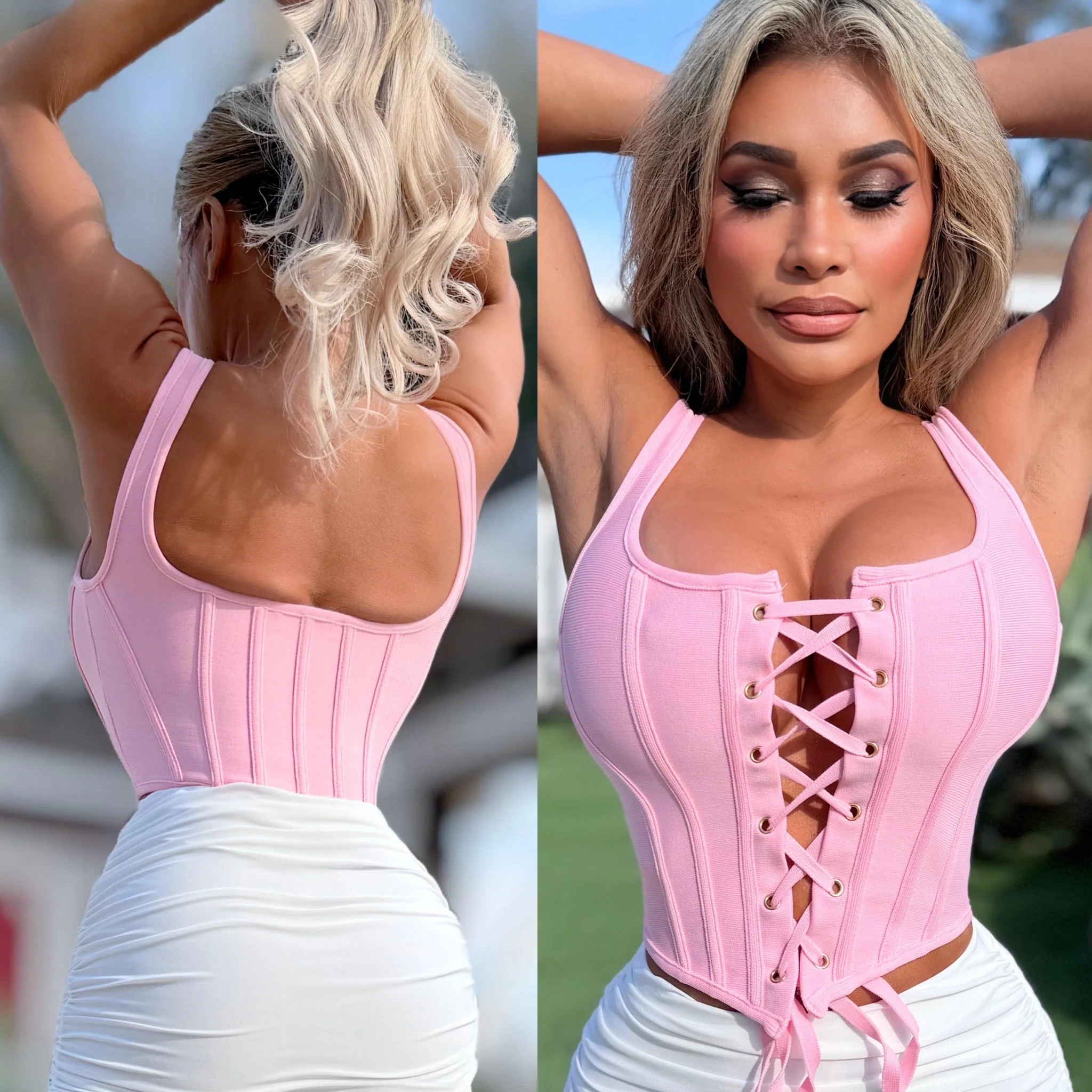 Connie's  "RICH SMASH ME PINK CORSET TOP"  ADJUSTABLE Lace Up Front, To Smash and Lift Perfectly,Light Flex Boning, NO Zippers - Image 2