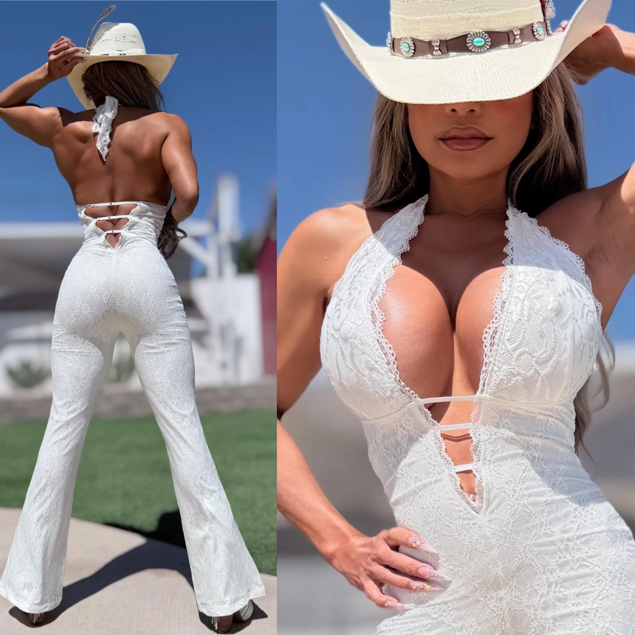 Connie's LIMITED EXCLUSIVE "RICH PURE WHITE LACE JUMPSUIT" WHITE Stretch Lace, Adjustable Length Halter Tie, Adjustable Back and Chest also
