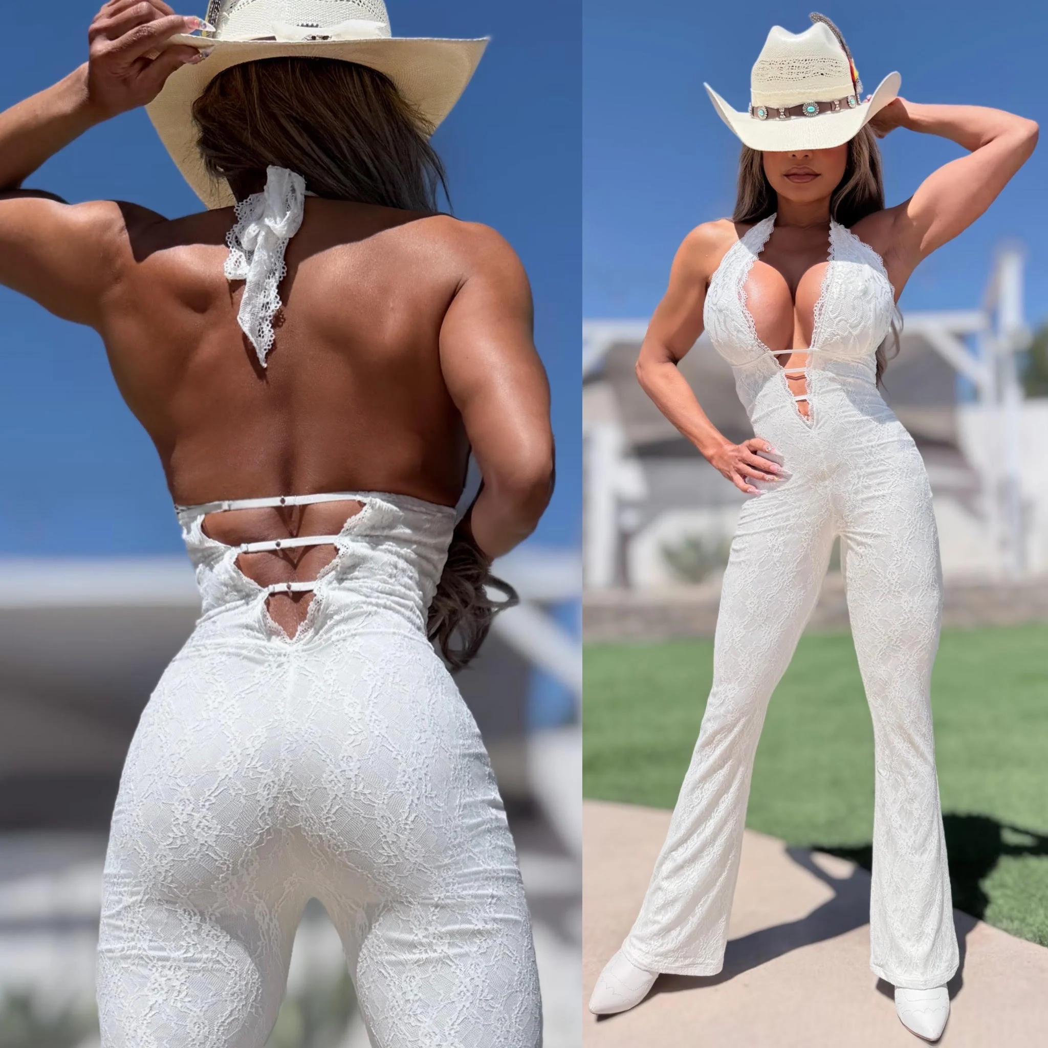 Connie's LIMITED EXCLUSIVE "RICH PURE WHITE LACE JUMPSUIT" WHITE Stretch Lace, Adjustable Length Halter Tie, Adjustable Back and Chest also - Image 3