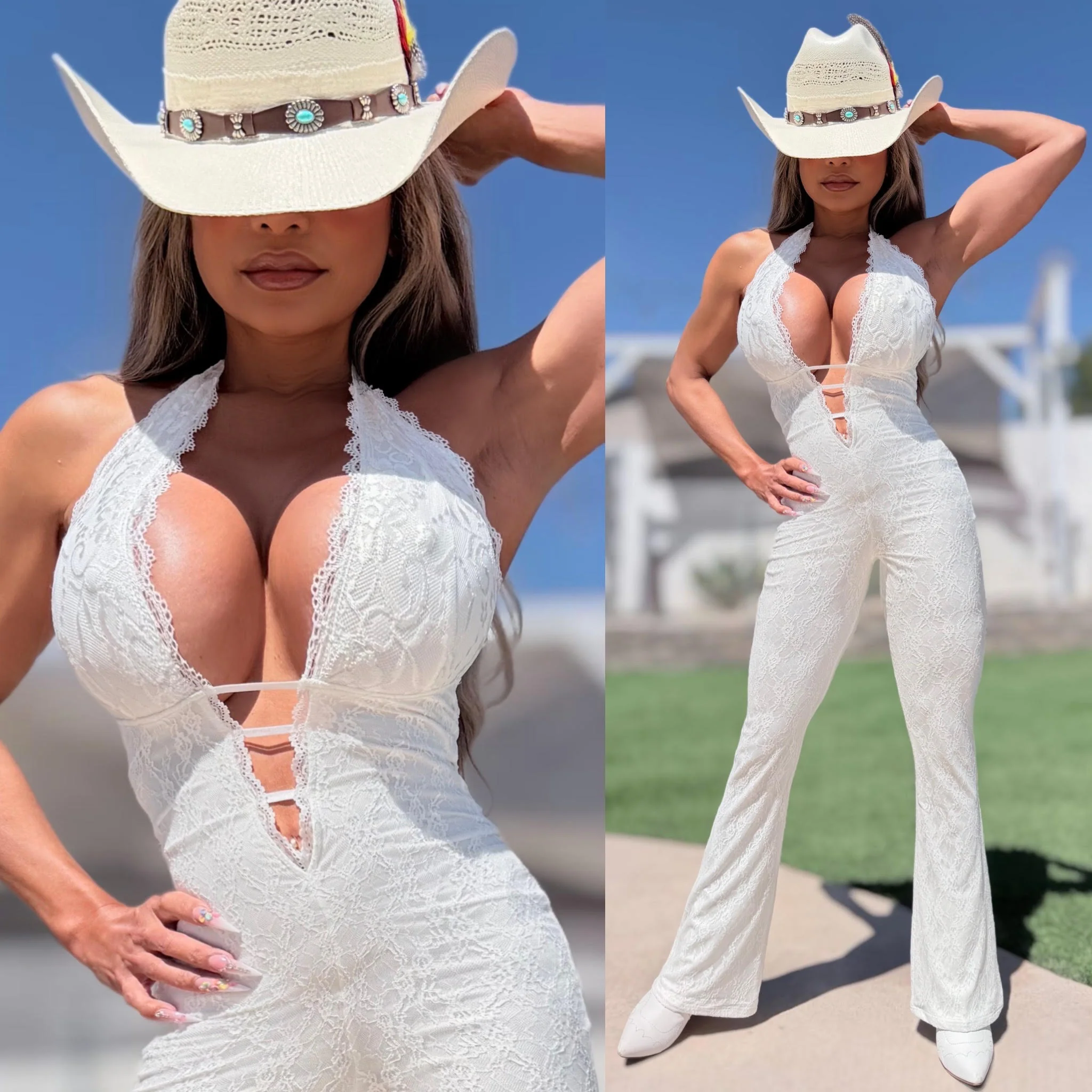 Connie's LIMITED EXCLUSIVE "RICH PURE WHITE LACE JUMPSUIT" WHITE Stretch Lace, Adjustable Length Halter Tie, Adjustable Back and Chest also - Image 5
