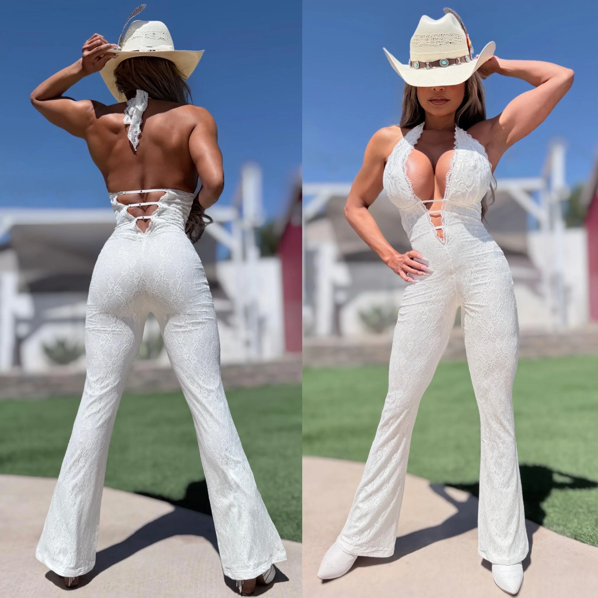 Connie's LIMITED EXCLUSIVE "RICH PURE WHITE LACE JUMPSUIT" WHITE Stretch Lace, Adjustable Length Halter Tie, Adjustable Back and Chest also - Image 6