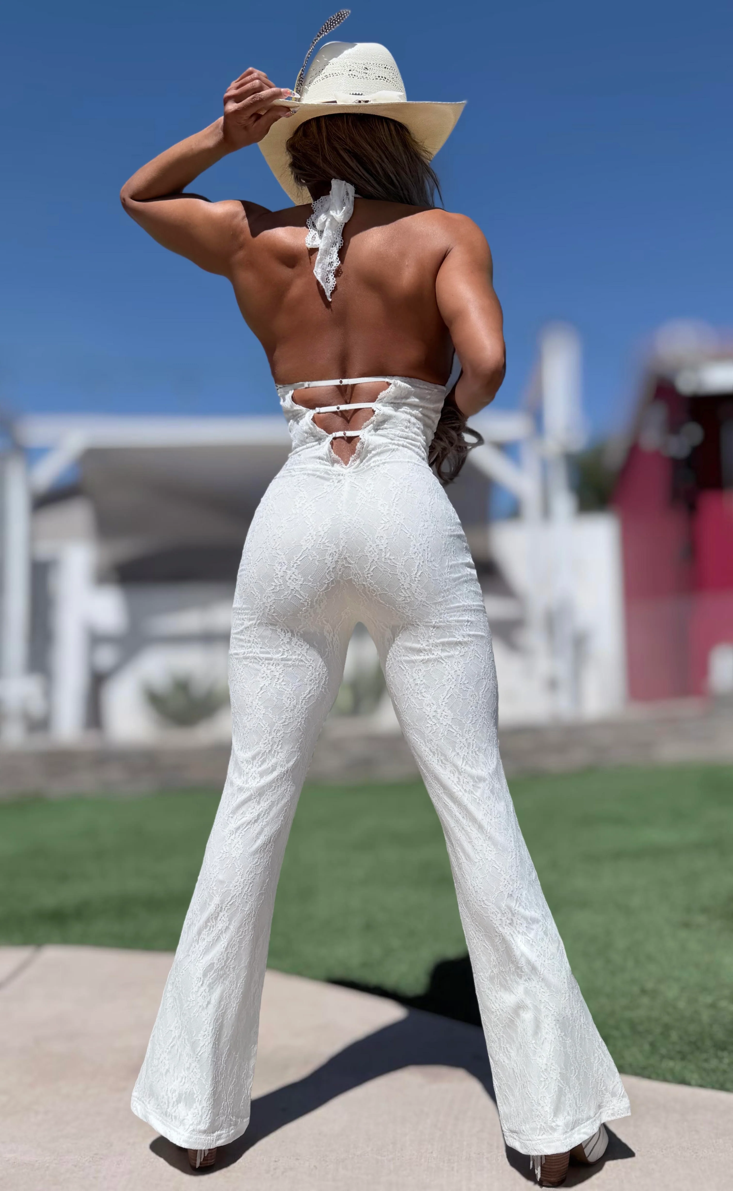 Connie's LIMITED EXCLUSIVE "RICH PURE WHITE LACE JUMPSUIT" WHITE Stretch Lace, Adjustable Length Halter Tie, Adjustable Back and Chest also - Image 7