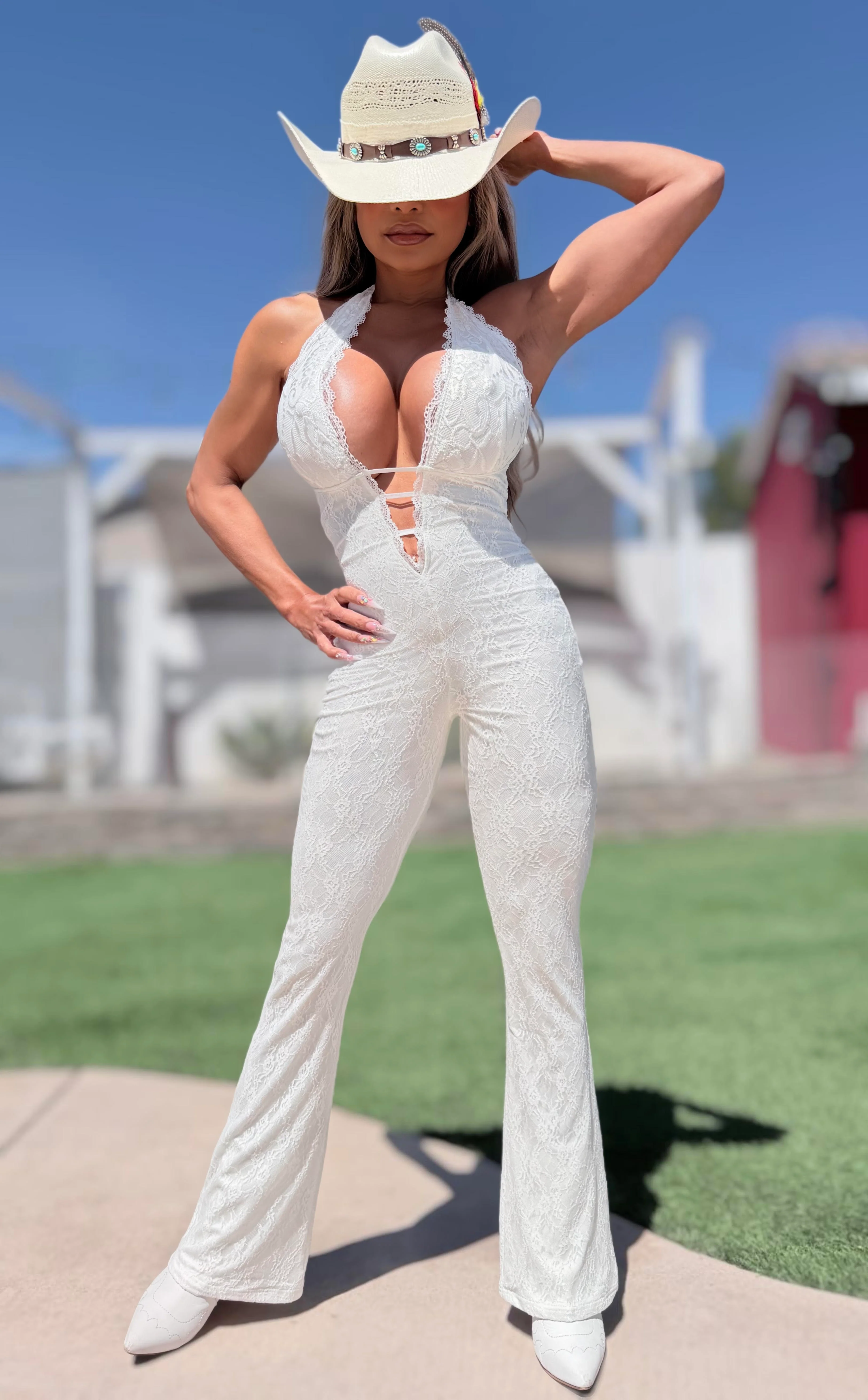 Connie's LIMITED EXCLUSIVE "RICH PURE WHITE LACE JUMPSUIT" WHITE Stretch Lace, Adjustable Length Halter Tie, Adjustable Back and Chest also - Image 8