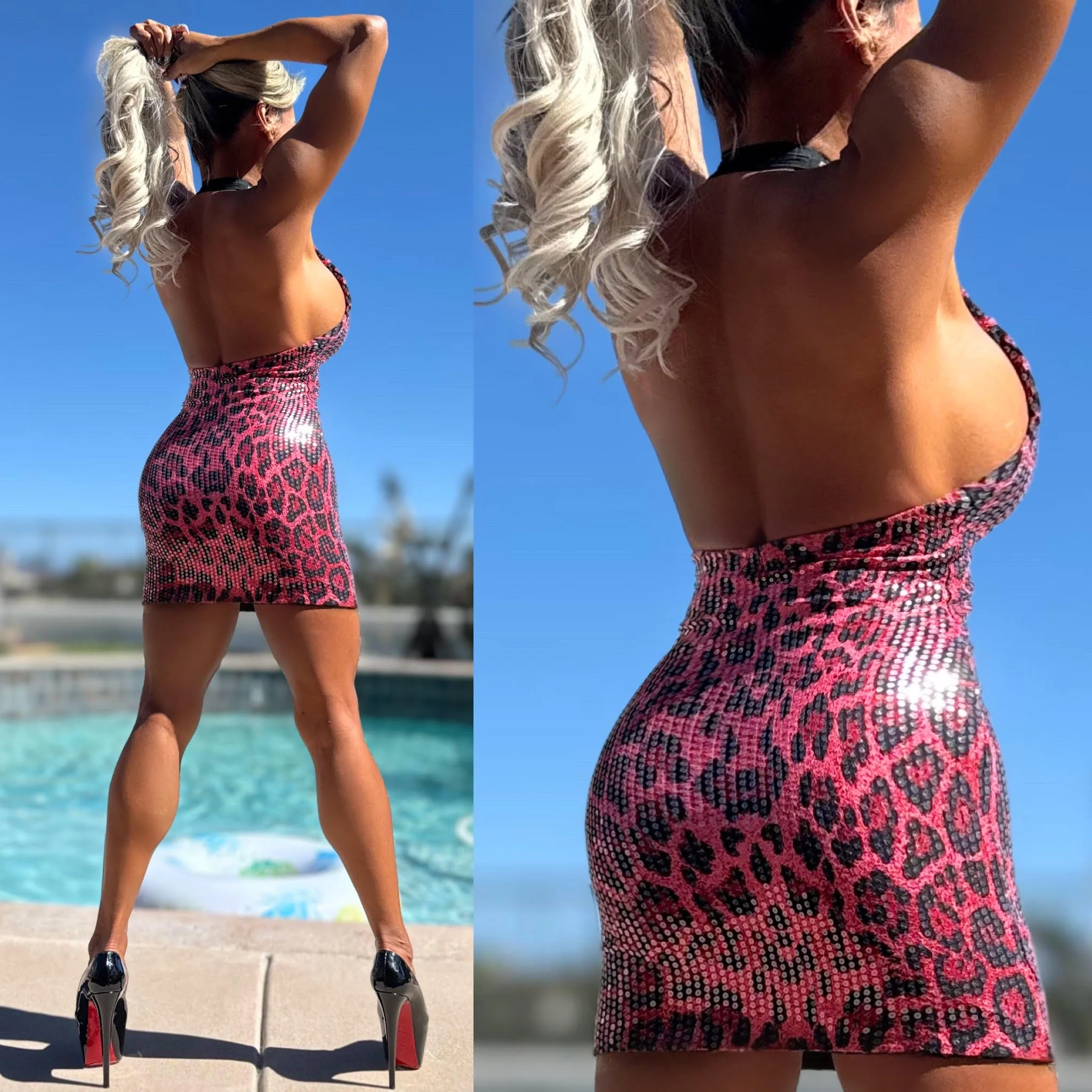 Connie's "PINK PANTHER 🐾🐆🐾 Evening Sequin MINI" MODERN Stretch Sequin Halter Mini, with Stretch Black Lining, Not ITCHY!!! - Image 3