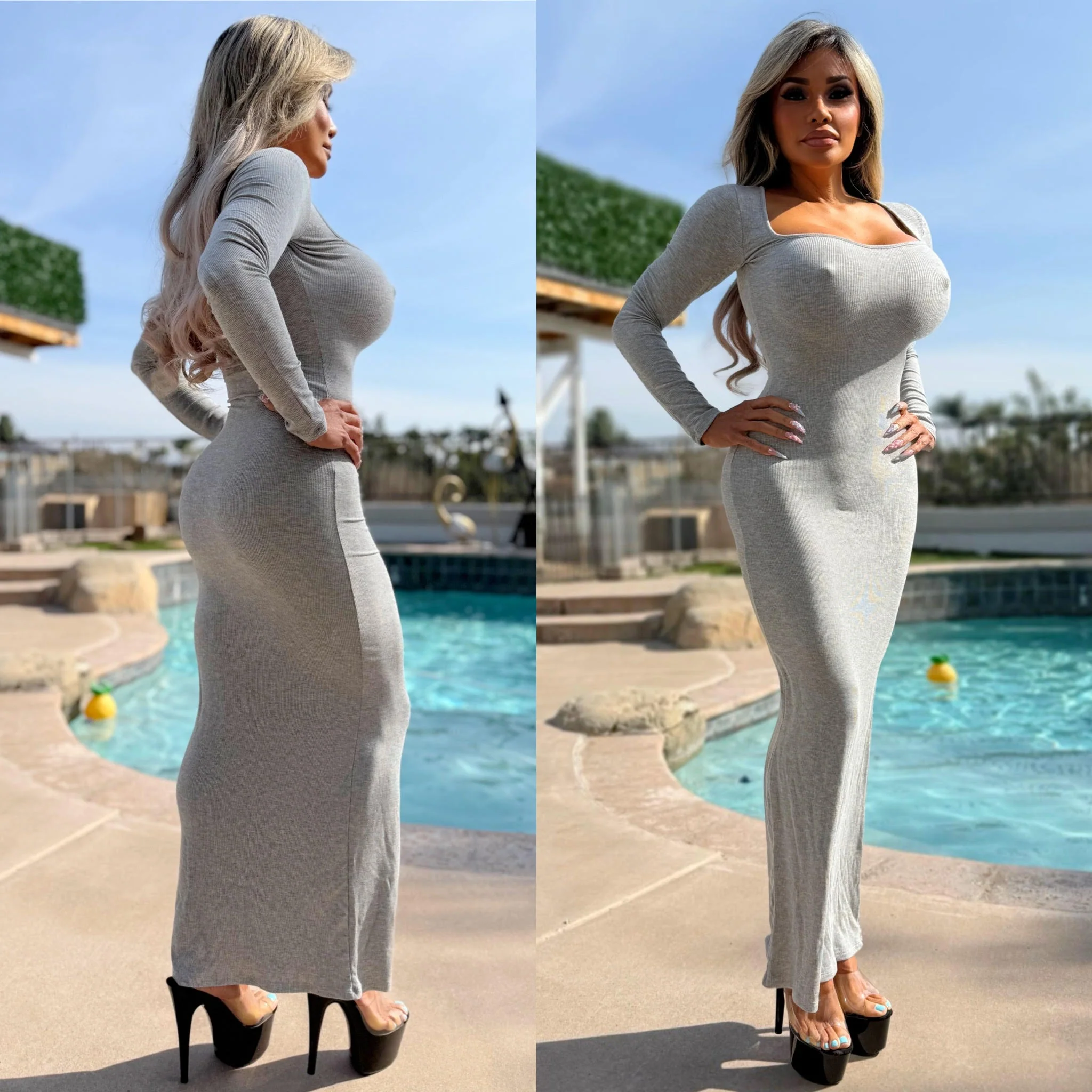 Connie's "RICH MICRO RIBBED HOLLYWOOD GRAY VIXEN Maxi" Unlined, RAYON SPANDEX, Scoop Neck, Stretch Body Forming, Made in the USA - Image 3