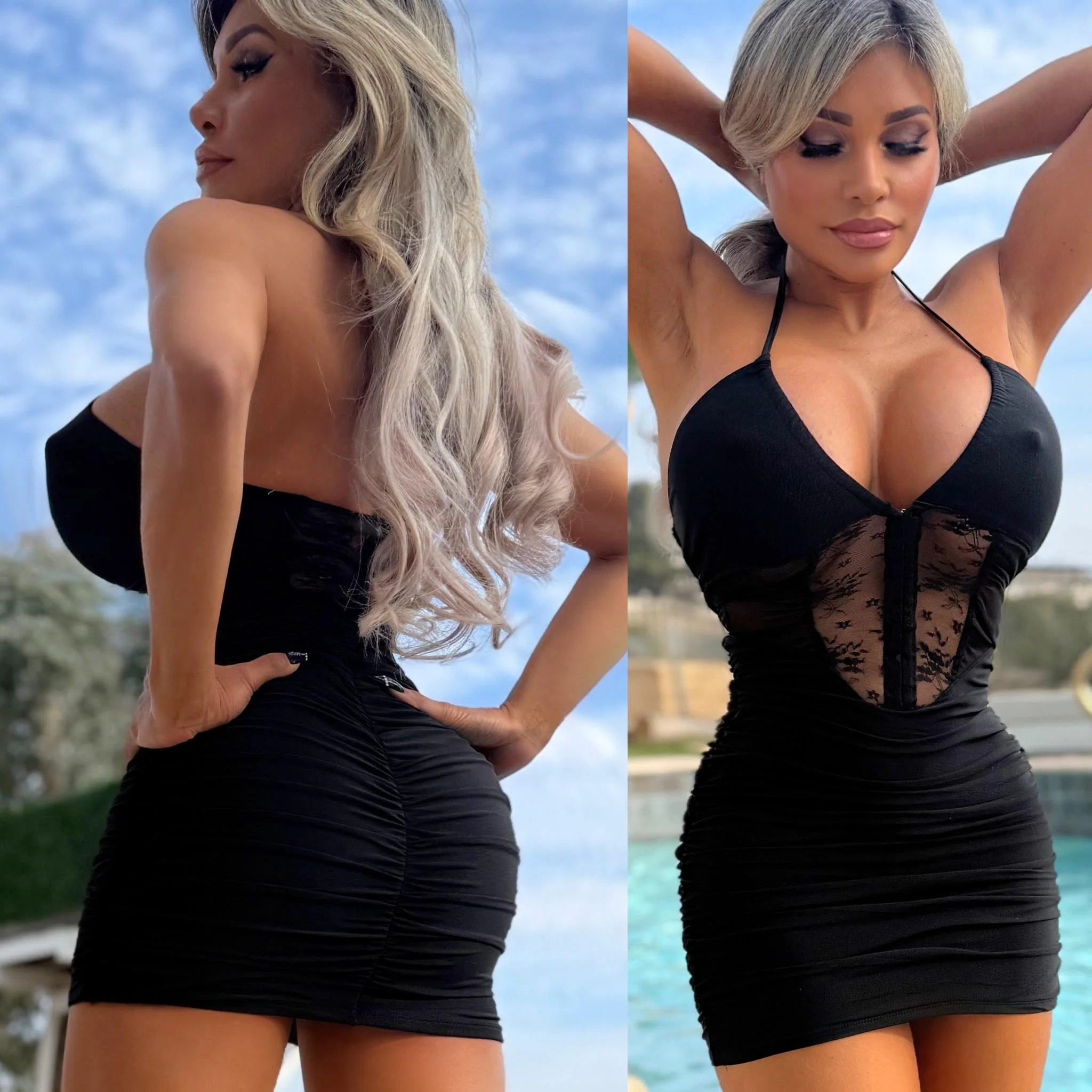 Connie's "RICH BLACK MESH & LACE, CORSET WAIST Mini Dress" Adjustable Halter, Full Stretch Fit, NO WIRES No BONING, Eye Hook Front Closure - Image 3