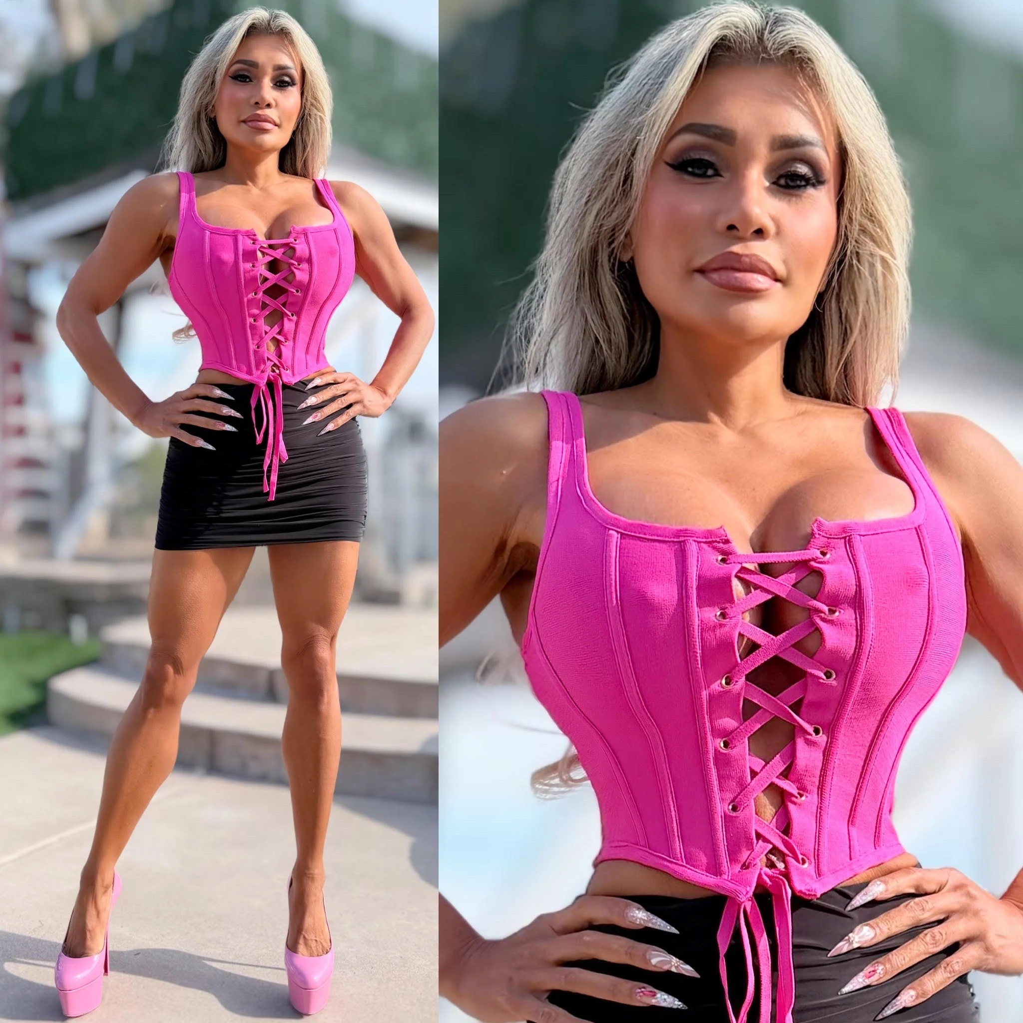 Connie's "RICH SMASH ME BRIGHT PINK CORSET TOP" ADJUSTABLE Lace Up Front, To Smash and Lift Perfectly,Light Flex Boning, NO Zippers - Image 3