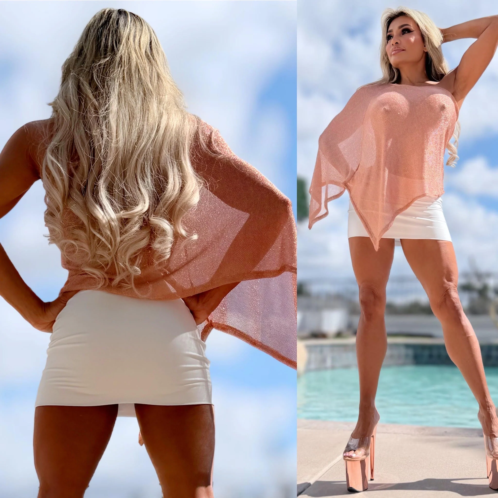 Connie's RICH & SOPHISTICATED🍸 "SEMI SHEER METALLIC ROSE GOLD Top🍸" One Shoulder Asymmetrical, Knit cape top, Made in USA!!! - Image 4