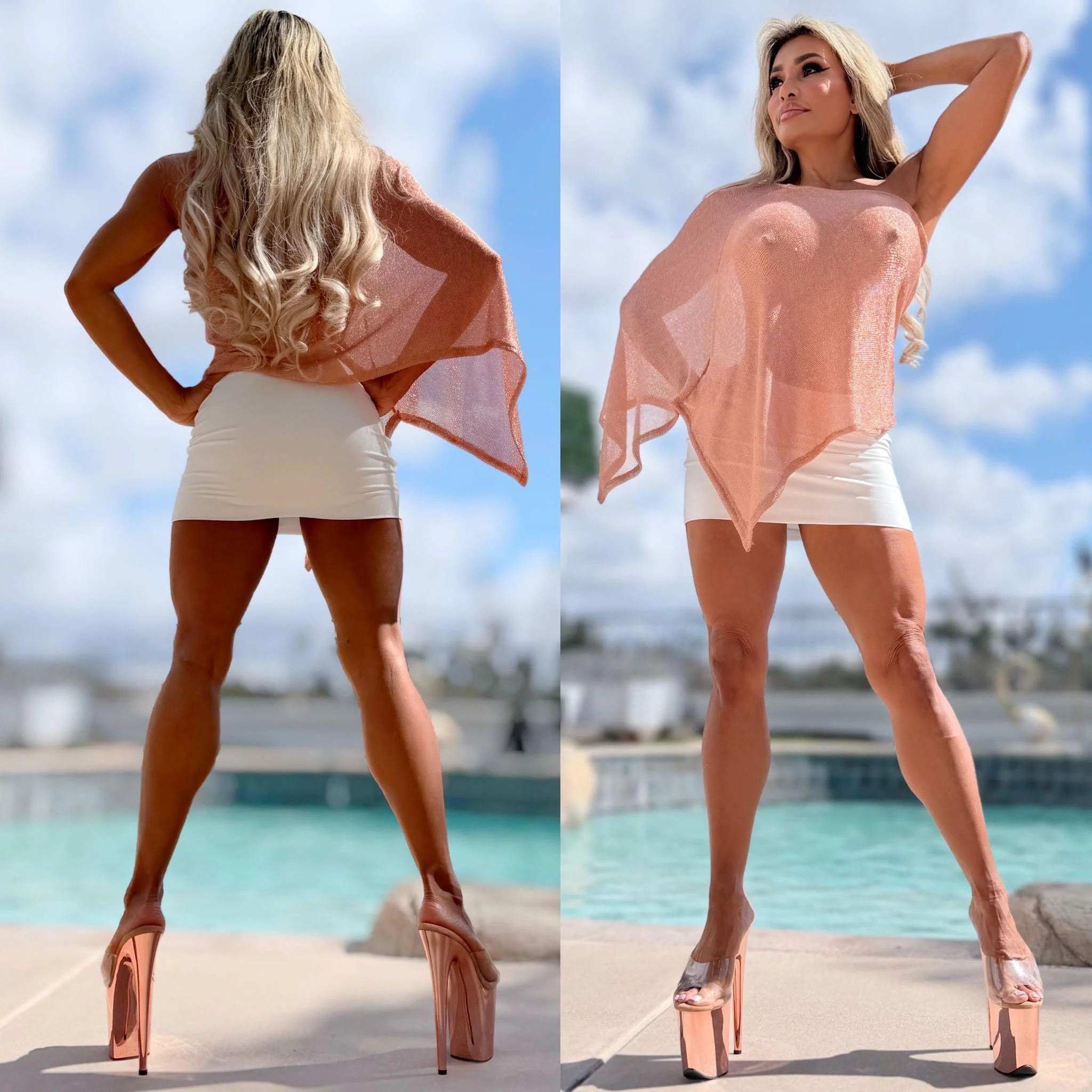 Connie's RICH & SOPHISTICATED🍸 "SEMI SHEER METALLIC ROSE GOLD Top🍸" One Shoulder Asymmetrical, Knit cape top, Made in USA!!! - Image 5