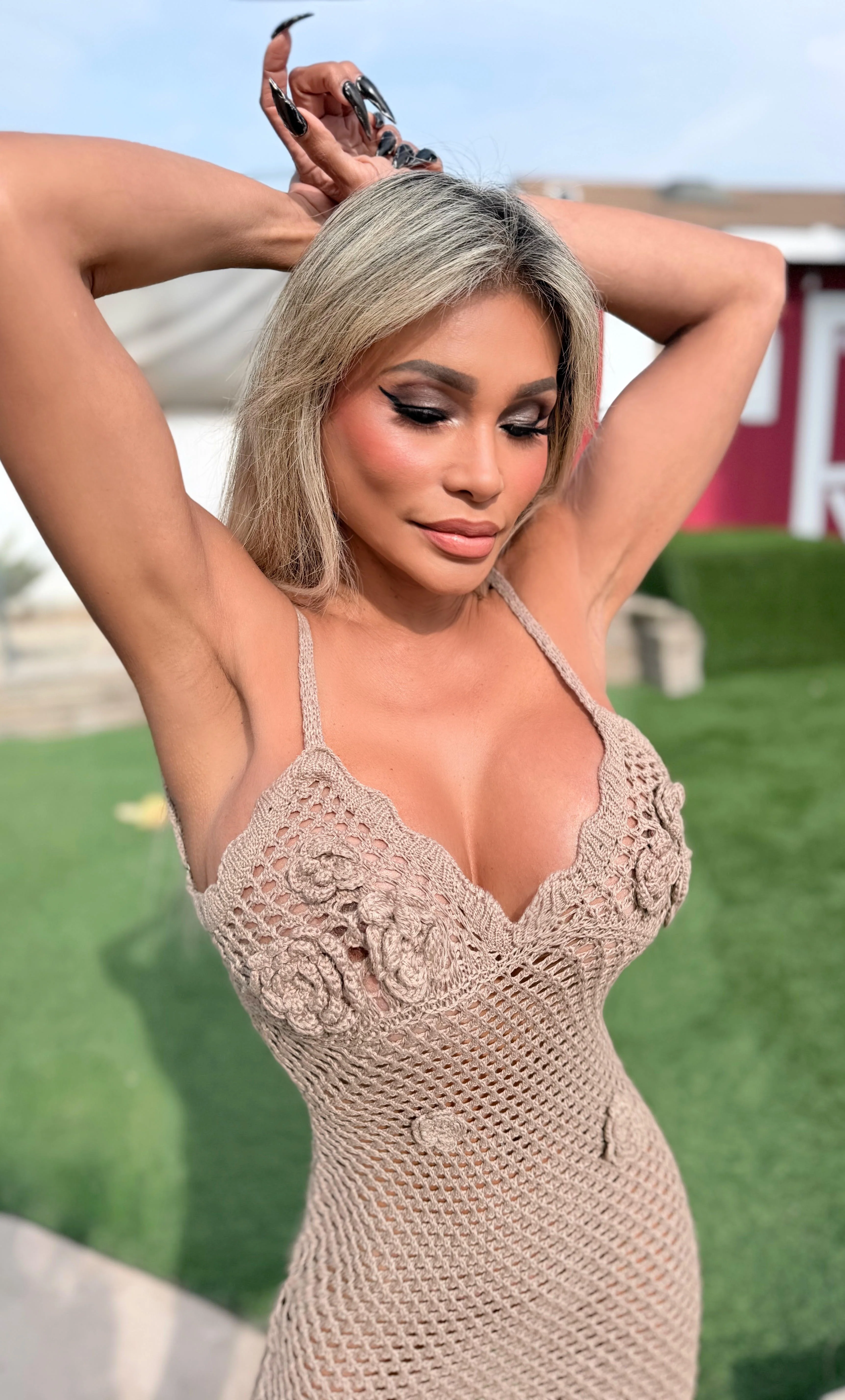 Connie's EXCLUSIVE $ RICH "TAN KITTY CROCHET MINI DRESS" Unlined, adjustable shoulder Straps, Soft feel and Stretch - Image 6