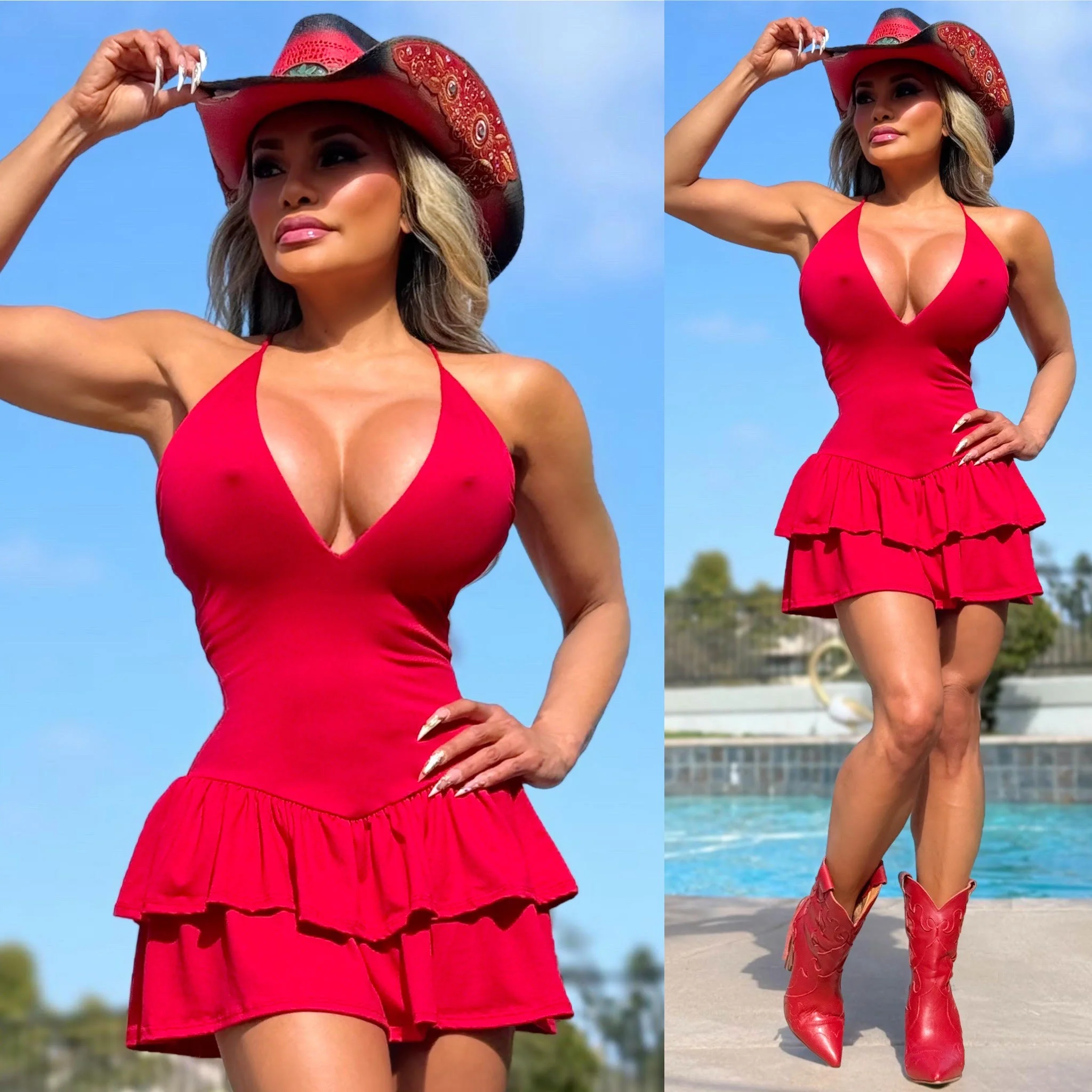 Connie's "RED SPAGHETTI STRAP Mini" CRISS CROSS BACK, Deep Plunge 2 Layer Ruffle, Made in The USA - Image 3