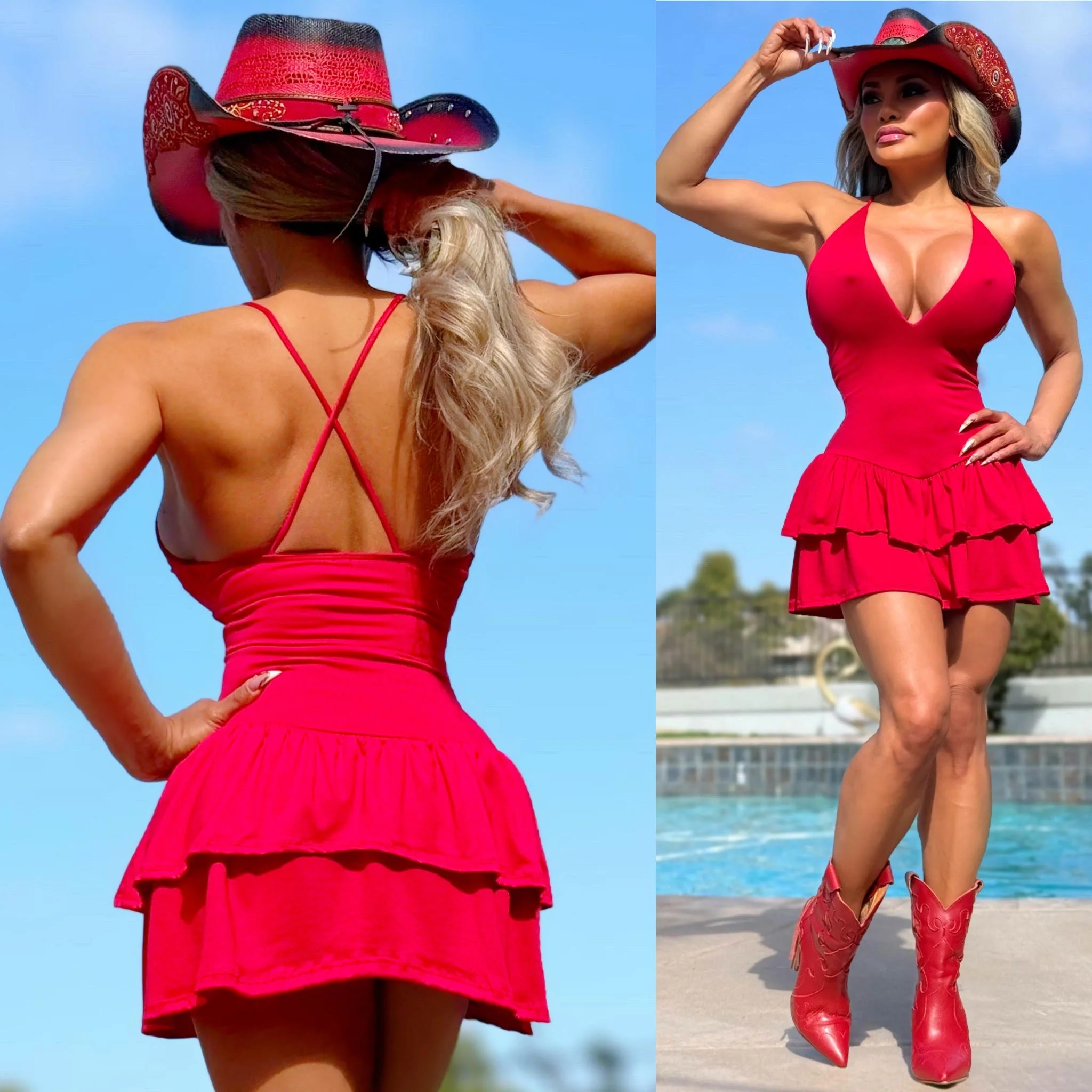 Connie's "RED SPAGHETTI STRAP Mini" CRISS CROSS BACK, Deep Plunge 2 Layer Ruffle, Made in The USA - Image 5