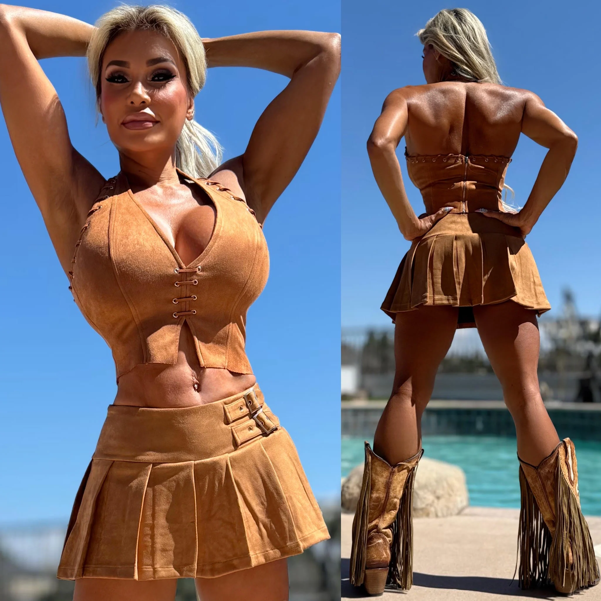 Connie's HALTER TOP ONLY "RICH URBAN COWGIRL 🤠 TAN X SUEDE Top"  STUNNING STRETCH HALTER TOP - Image 7