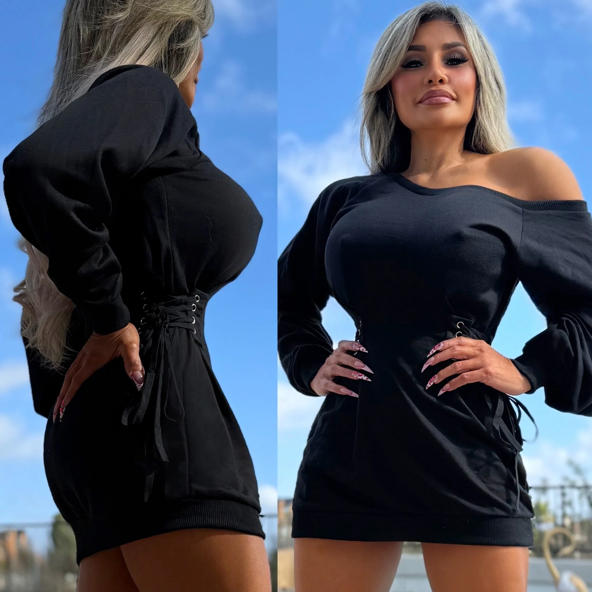 Connie's "PITCH BLACK OFF SHOULDER Corset WAIST Mini Dress" Loose Fit with Cinchable Corset Sides for a Tight Fit Waist - Image 4
