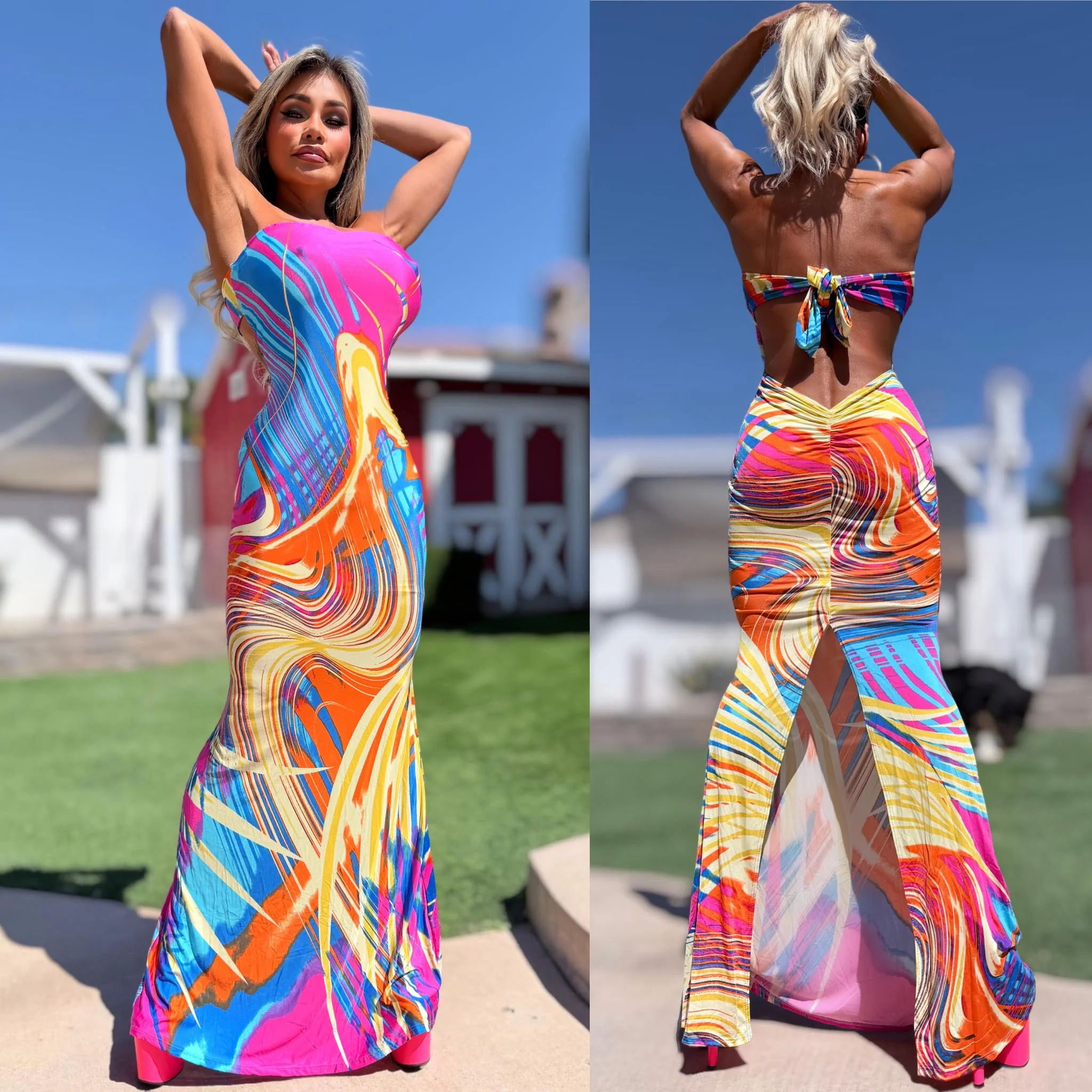 Connie's EXCLUSIVE "MIAMI MISCHIEF 😈 VIXEN Maxi" PINK & BLUE OCEAN Tie DYE Super Stretch Fabric, Stretch Lined - Image 3
