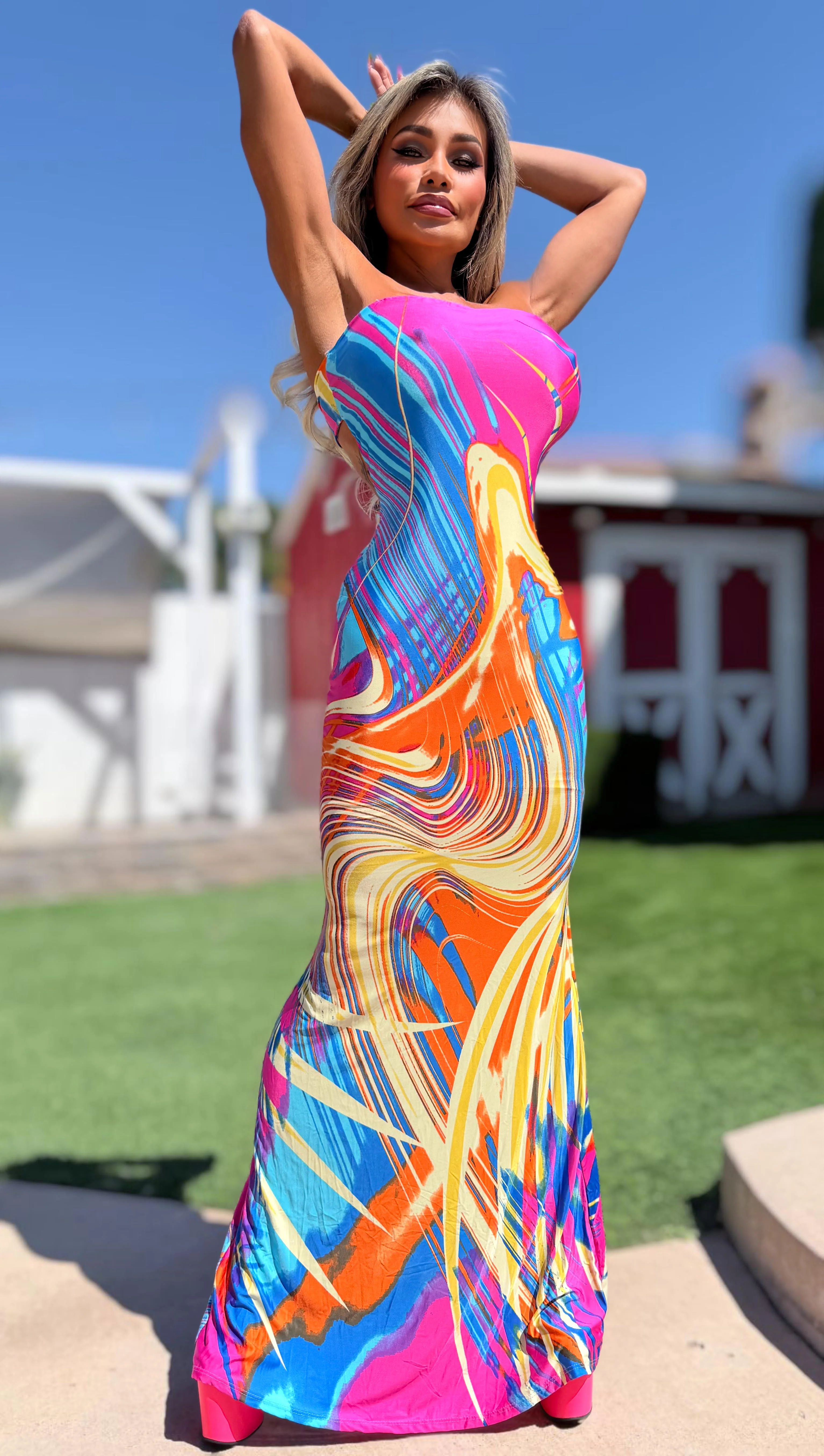 Connie's EXCLUSIVE "MIAMI MISCHIEF 😈 VIXEN Maxi" PINK & BLUE OCEAN Tie DYE Super Stretch Fabric, Stretch Lined - Image 7