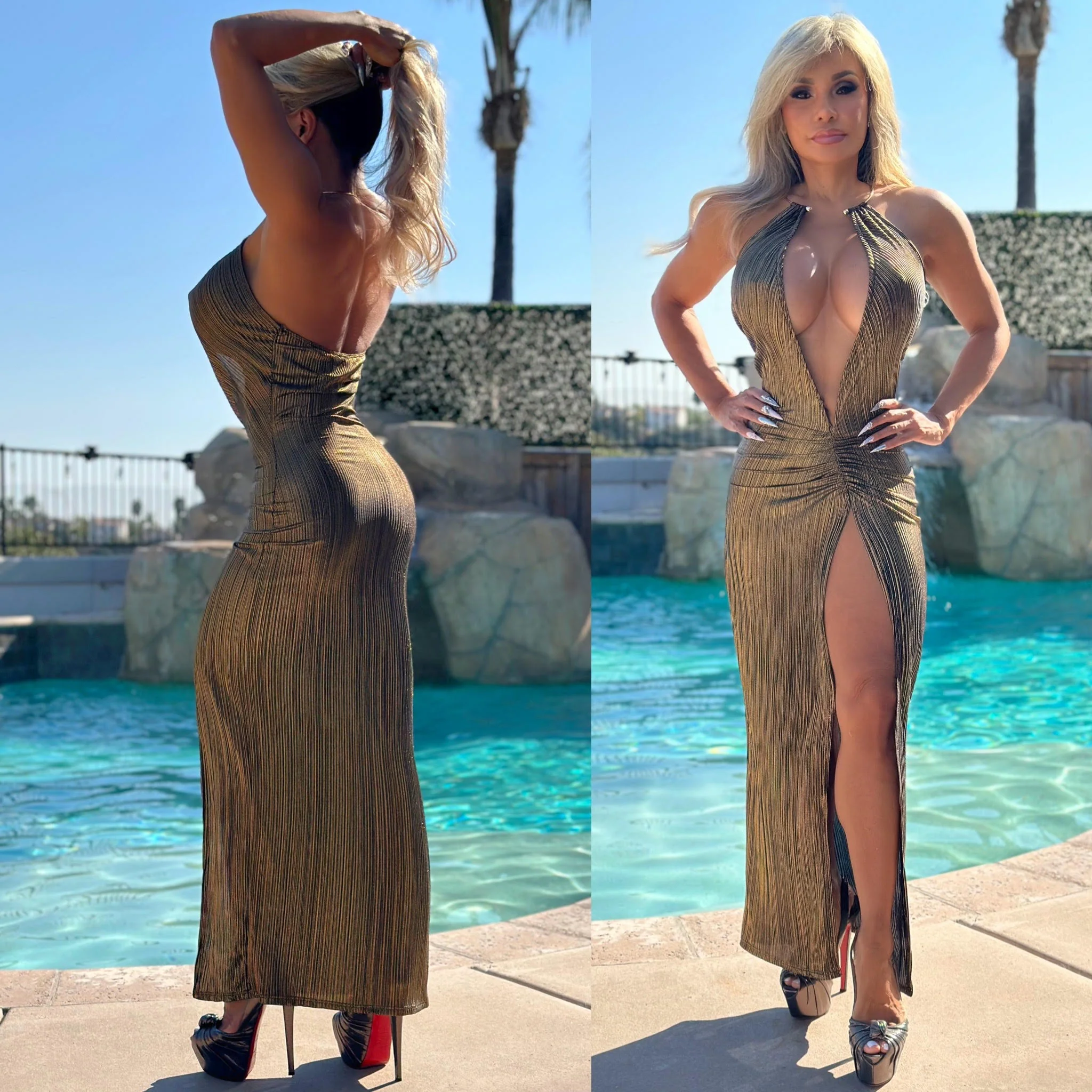 Connie's EXCLUSIVE and LIMITED "RICH GOLD AND SCANDALOUS Maxi" Semi Sheer in the right Light, Super Stretch Fabric - Image 3