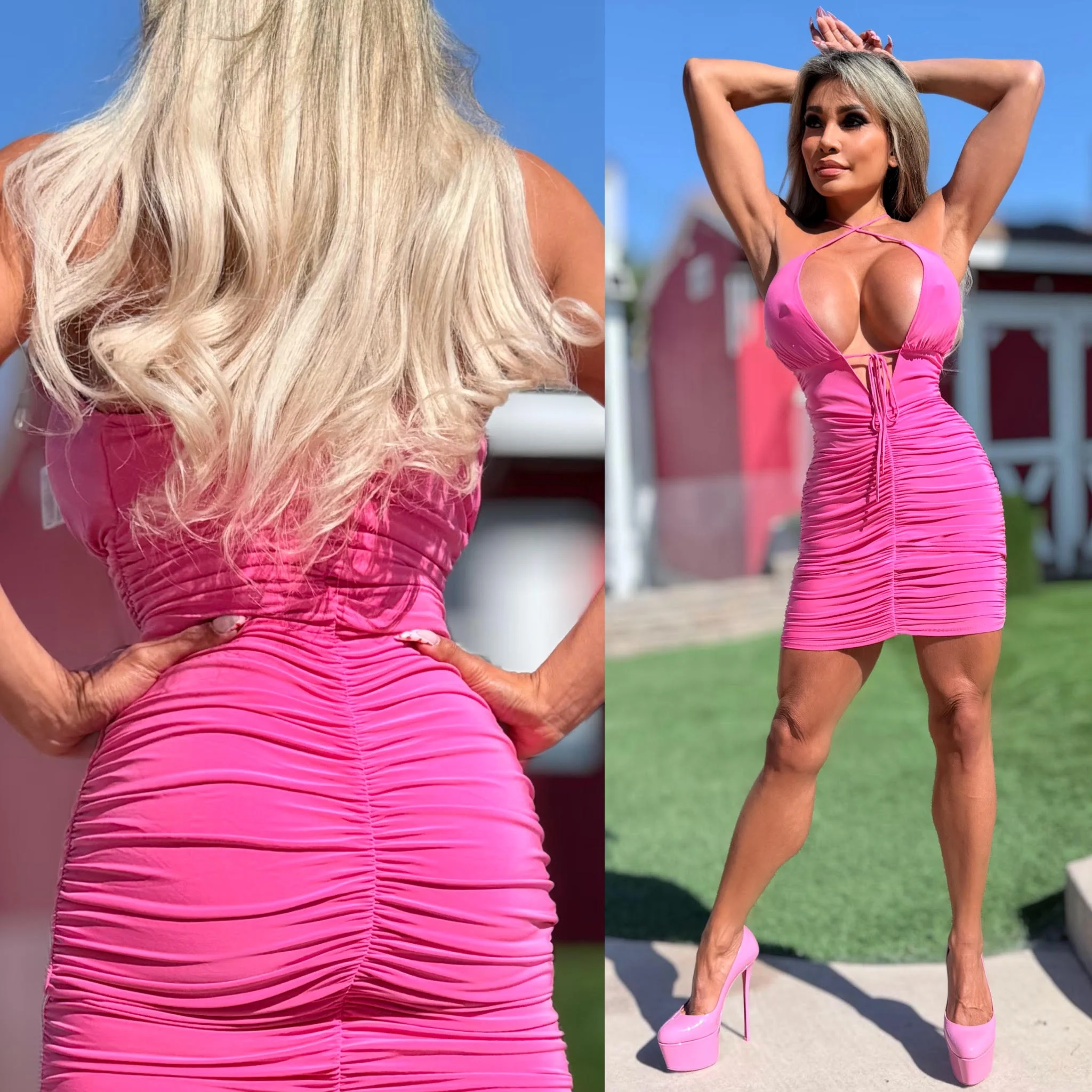 Connie's "SEDUCTIVE PINK RUCHED ASS and OPEN CHEST MINI" BOOTY GRABBING Mini Dress, Full Stretch Fit - Image 2