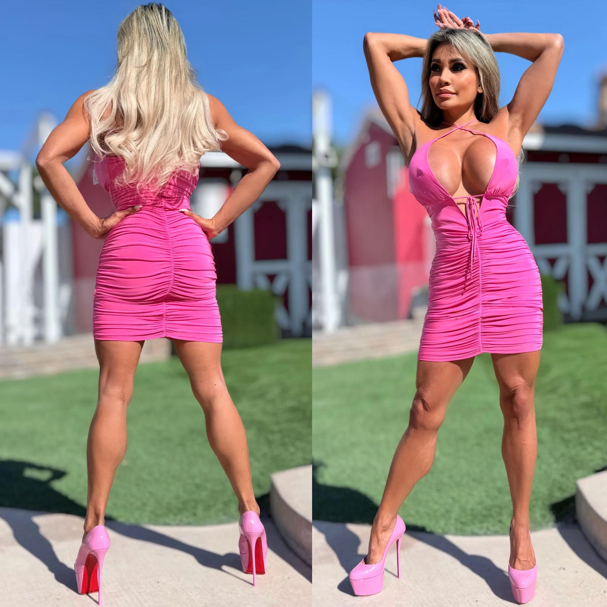 Connie's "SEDUCTIVE PINK RUCHED ASS and OPEN CHEST MINI" BOOTY GRABBING Mini Dress, Full Stretch Fit - Image 4