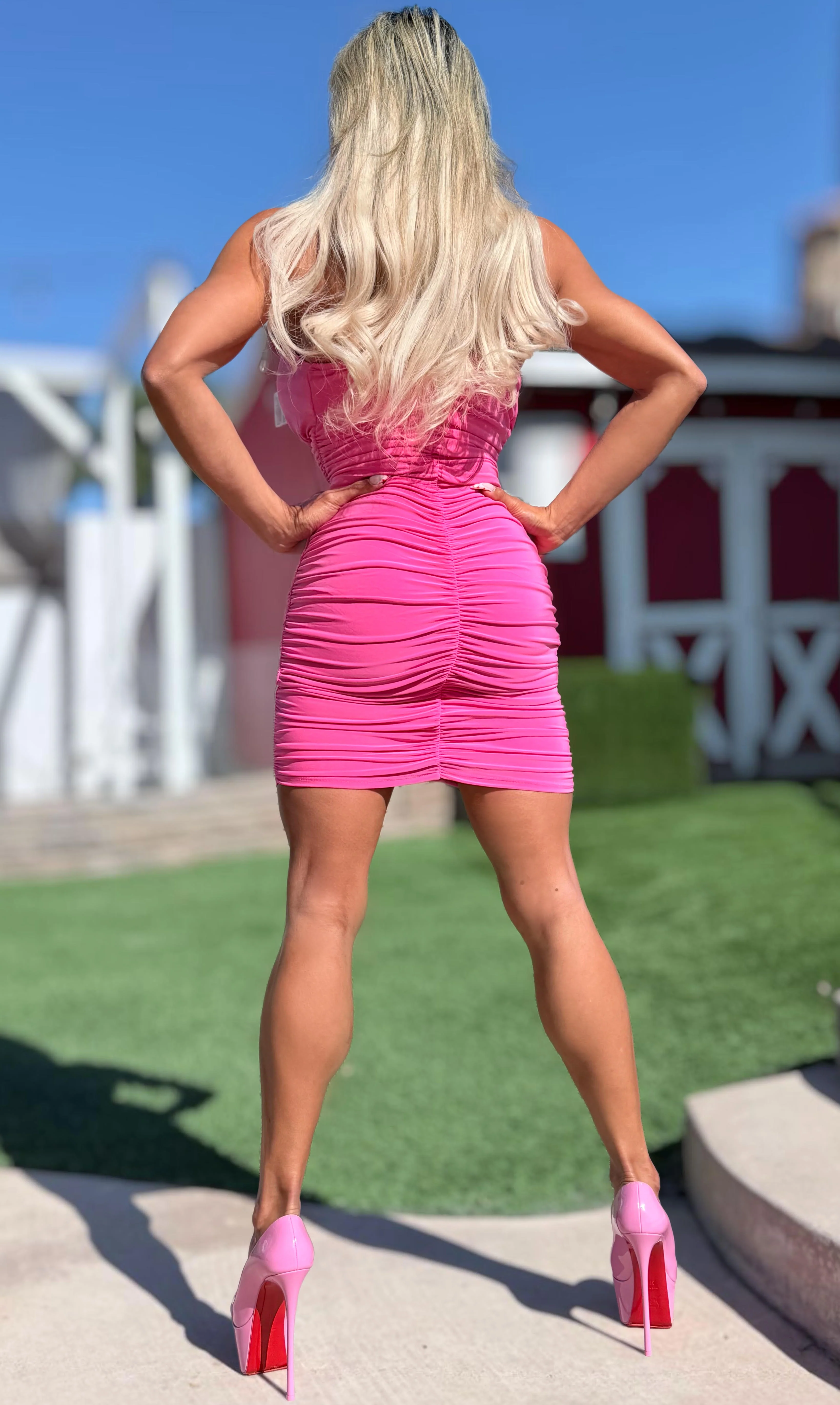 Connie's "SEDUCTIVE PINK RUCHED ASS and OPEN CHEST MINI" BOOTY GRABBING Mini Dress, Full Stretch Fit - Image 9