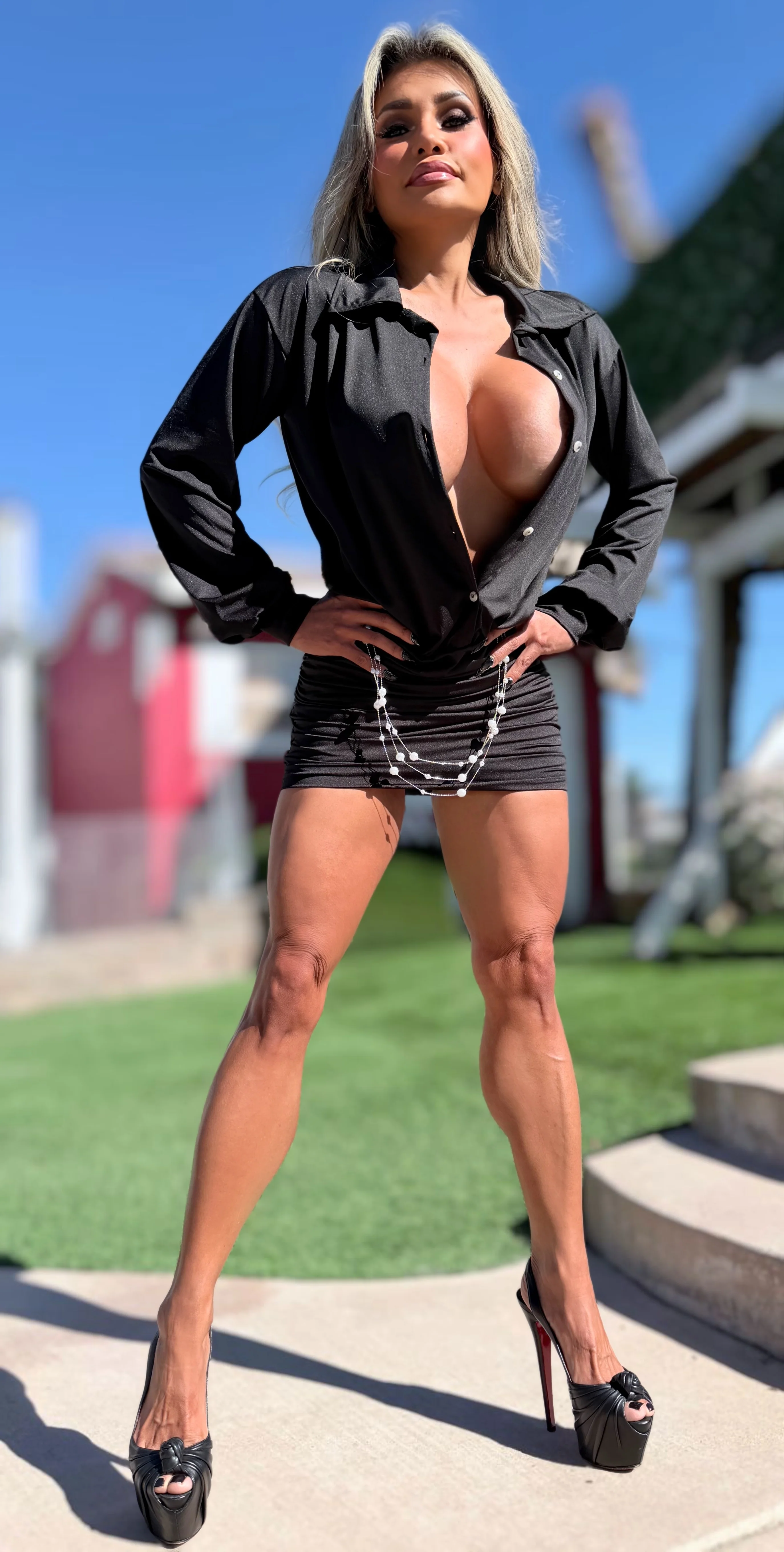 Connie's "SEDUCTIVE HIGH CLASS BLACK with Pearl Belt MINI" TIGHT FIT Ruched LOWER, Slouch Upper with Button Down Chest, Full Stretch Fabric, Adjustable Length 🍸 - Image 7