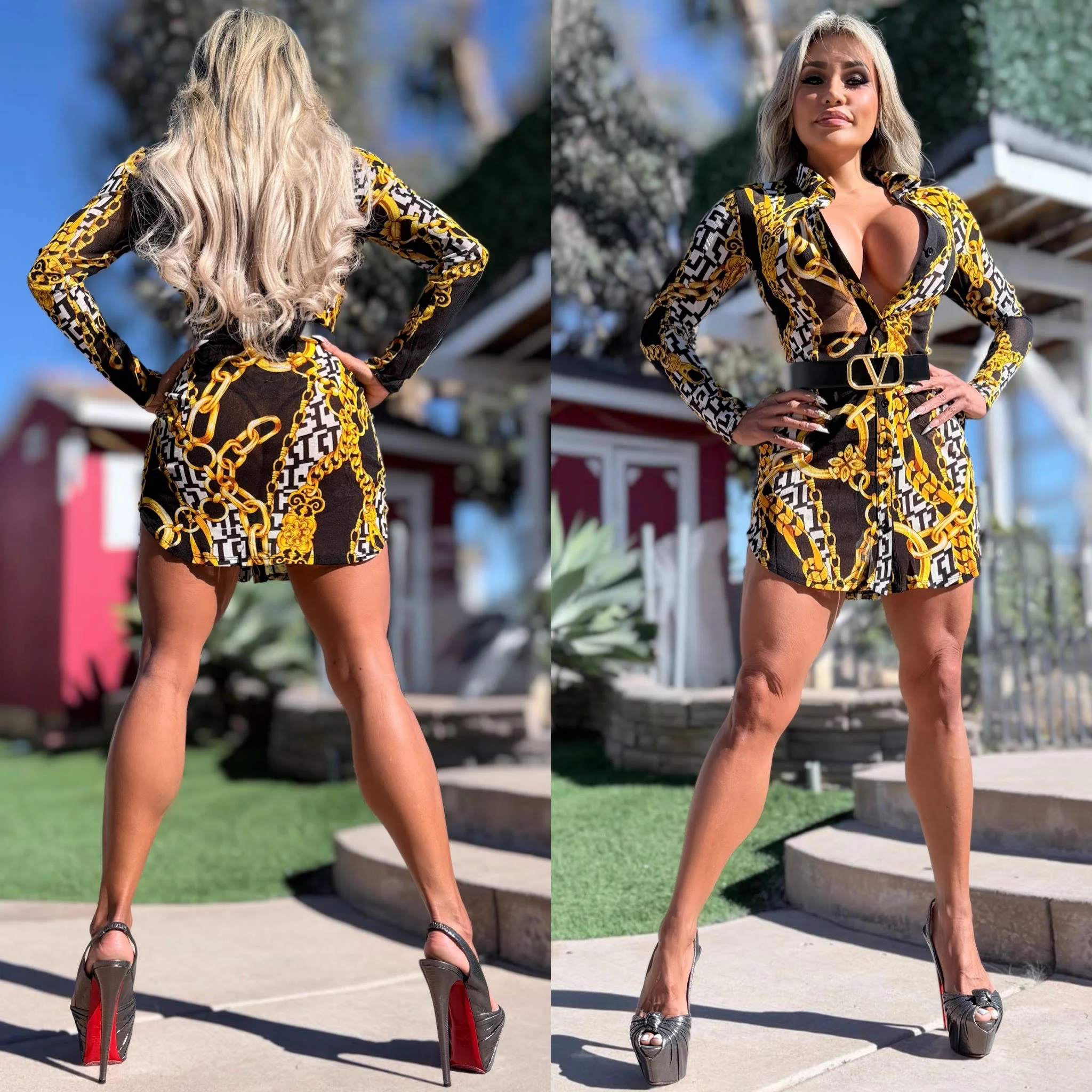 Connie's RICH RICH "FITTED SEMI SHEER & SEDUCTIVE BLACK & GOLD MINI" Full Button Down FITTED MESH SHIRT DRESS 🍸 - Image 2