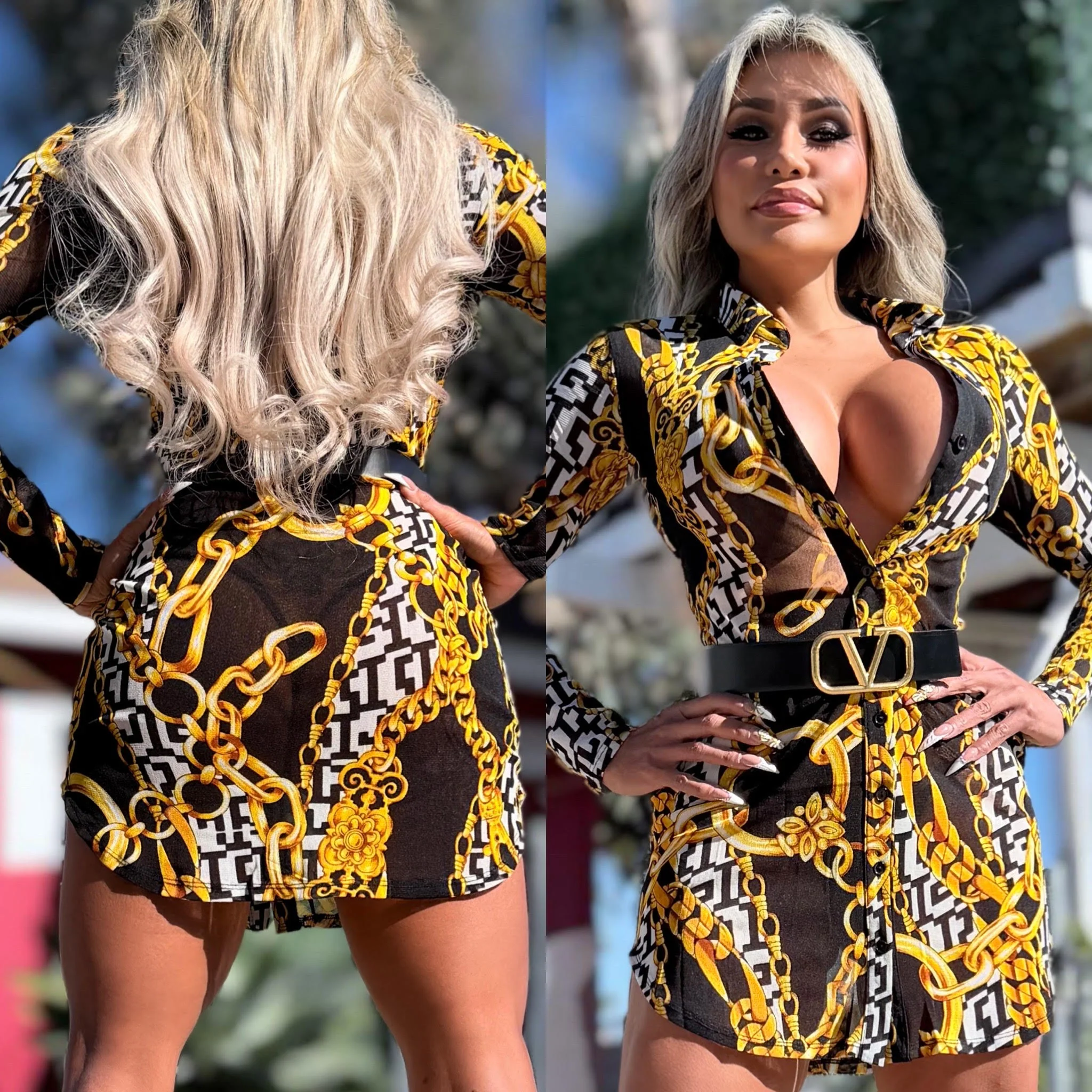 Connie's RICH RICH "FITTED SEMI SHEER & SEDUCTIVE BLACK & GOLD MINI" Full Button Down FITTED MESH SHIRT DRESS 🍸 - Image 3