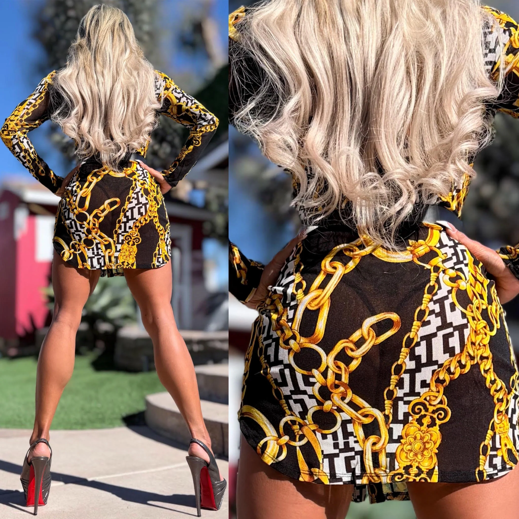 Connie's RICH RICH "FITTED SEMI SHEER & SEDUCTIVE BLACK & GOLD MINI" Full Button Down FITTED MESH SHIRT DRESS 🍸 - Image 4